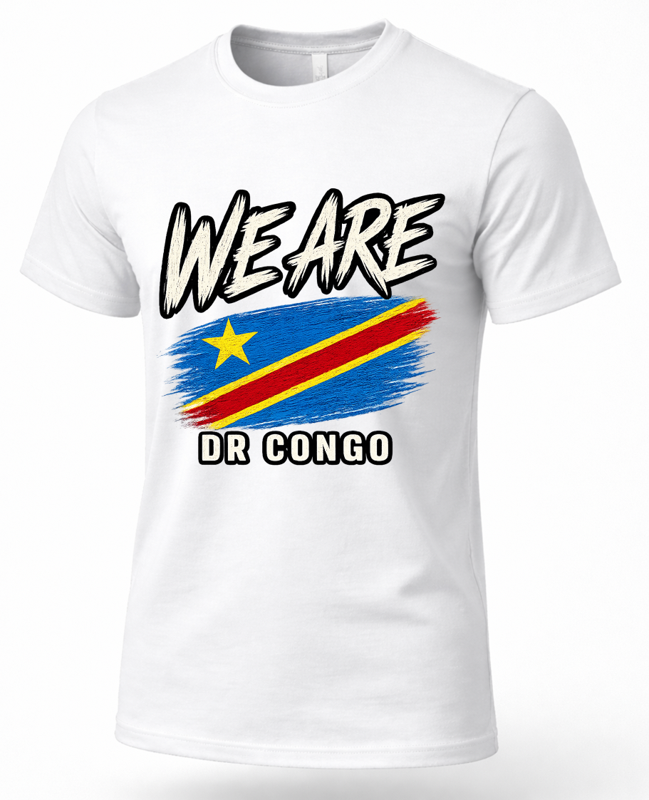 A white short-sleeve crewneck t-shirt featuring a graphic print of the DR Congo flag with the text 'WE ARE' above and 'DR CONGO' below in a black-and-white stencil font.