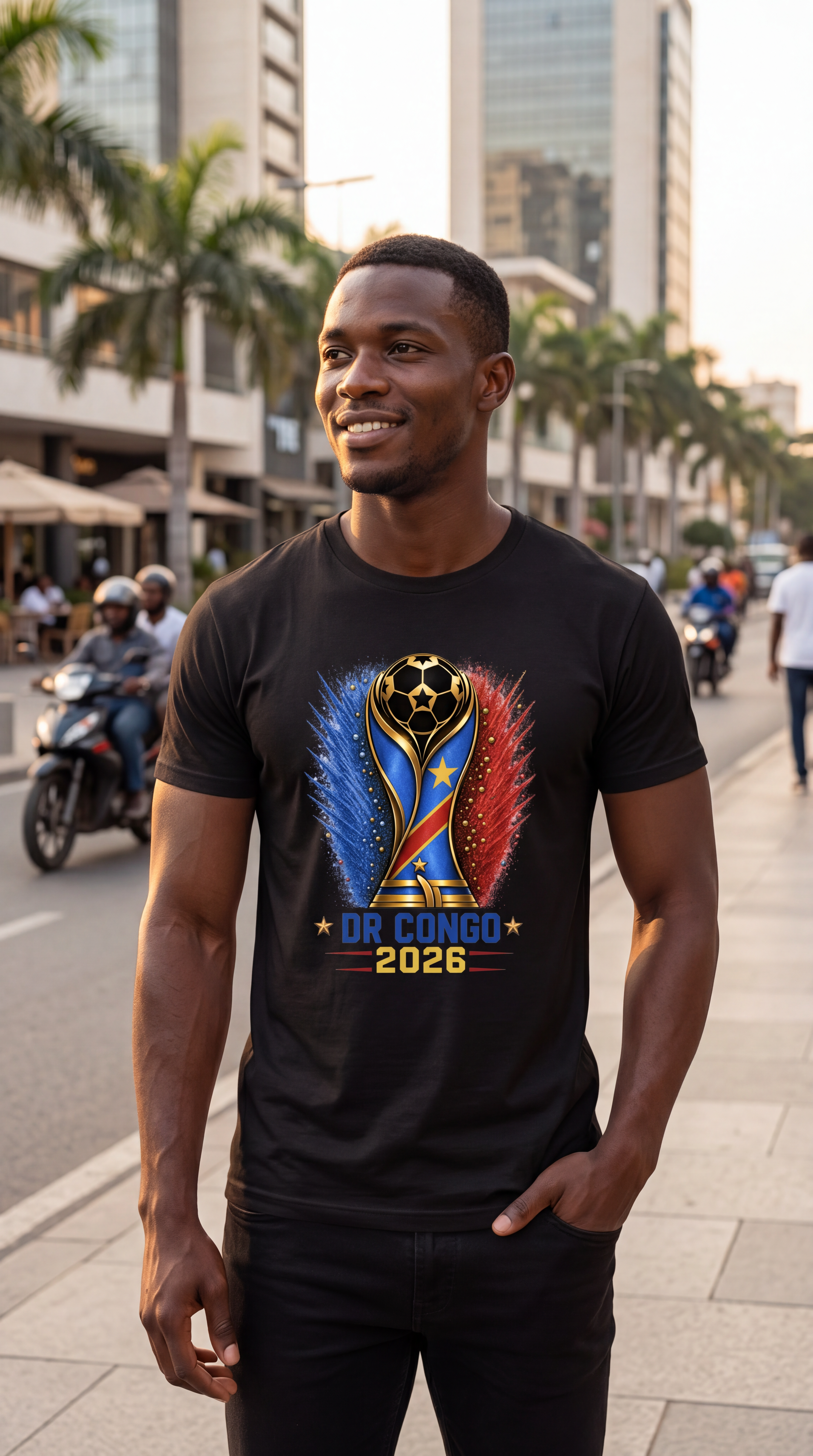 Man wearing a black t-shirt with a DR Congo 2026 design, standing on a city street.