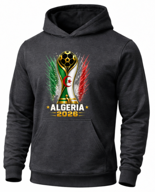 gray hoodie with Algeria 2026 design on a white background