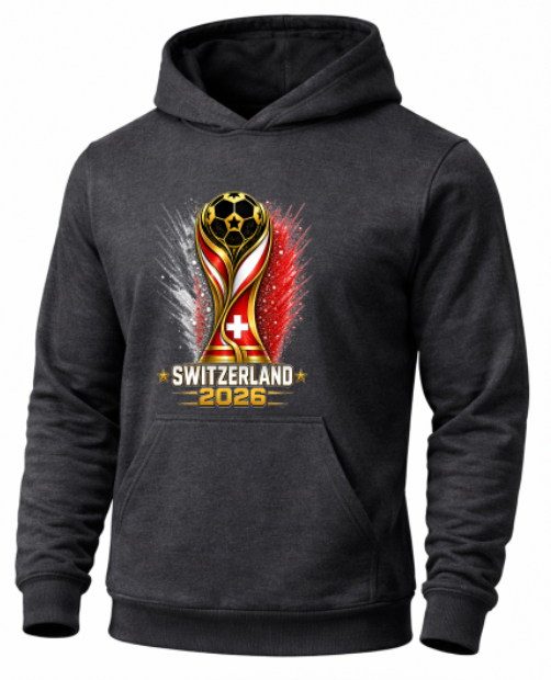 Black hoodie with a Switzerland 2026 World Cup design on a white background