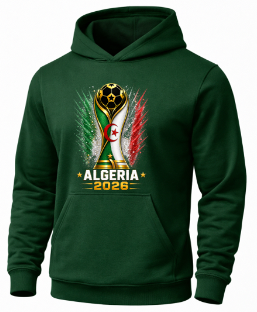 Green hoodie with Algeria 2026 design featuring a trophy on a white background