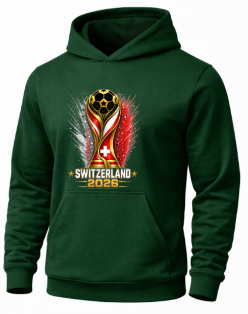 Green hoodie with Switzerland 2026 World Cup design on a white background
