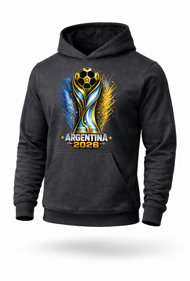 Dark gray Argentina 2026 football fan hoodie mockup with Argentina-inspired soccer streetwear artwork
