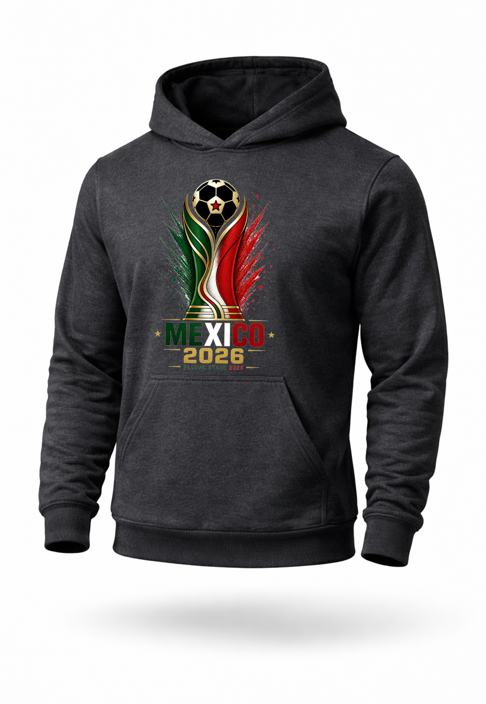 Dark gray Mexico 2026 soccer hoodie featuring patriotic green white red and gold football-inspired graphic artwork on premium streetwear pullover hoodie