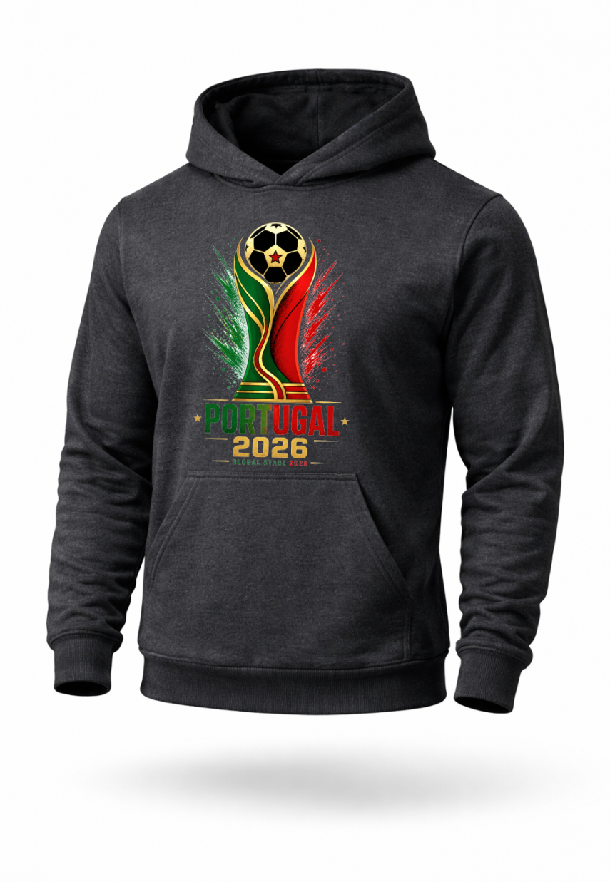 Dark gray Portugal 2026 soccer streetwear hoodie mockup with football-inspired Portugal artwork