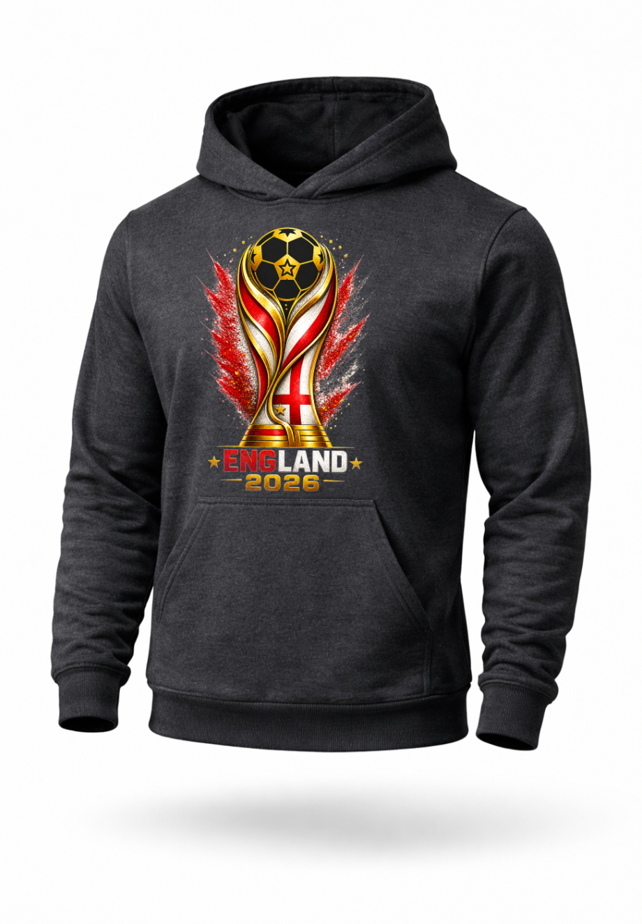 Dark grey England 2026 soccer hoodie featuring English football-inspired artwork