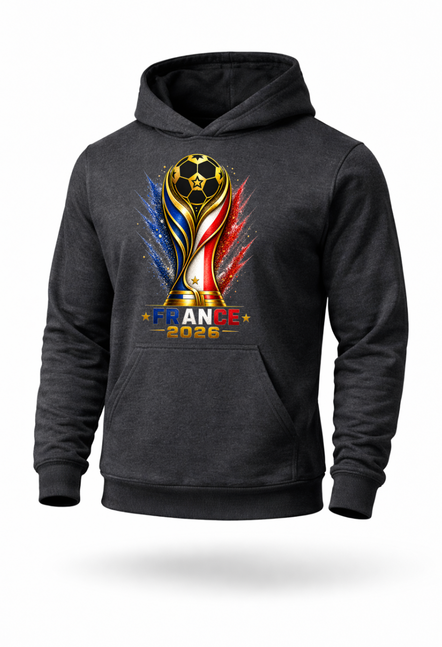 Dark grey France 2026 football supporter hoodie mockup featuring blue white and red soccer graphic
