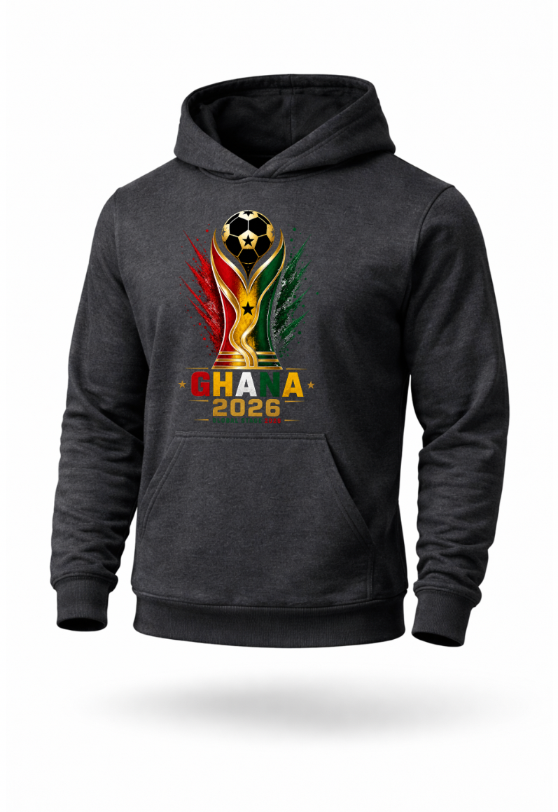 Dark heather Ghana football fan hoodie with trophy design and Ghana pride graphic