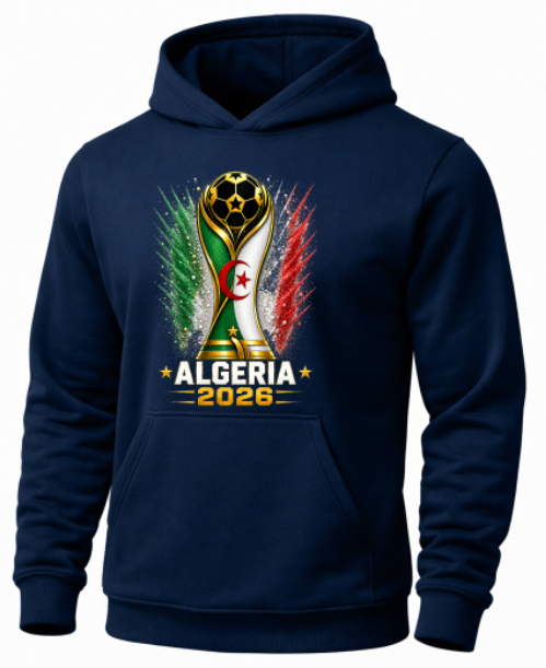 Navy blue hoodie with Algeria 2026 design on a white background