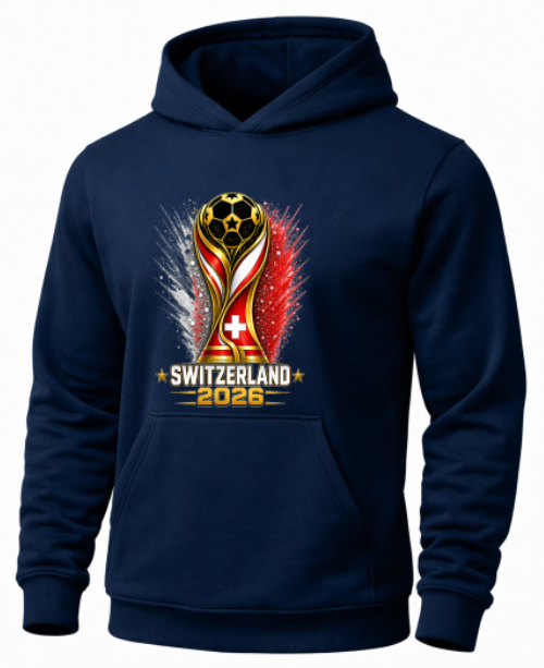 Navy blue hoodie with a soccer trophy design and 'Switzerland 2026' text on a white background