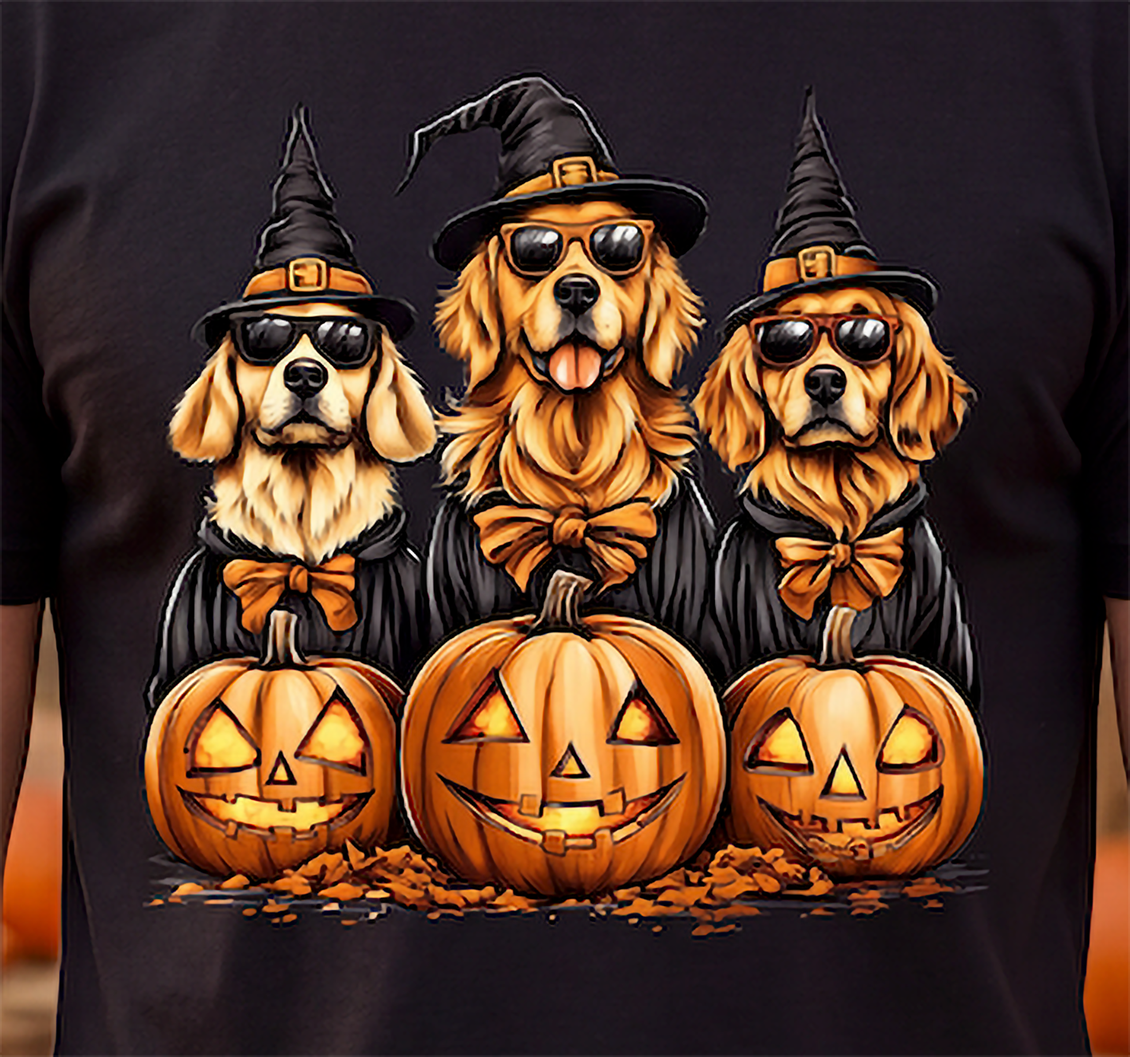 Close-up of Golden Retriever Halloween design featuring three witch dogs with sunglasses, orange bows and pumpkins