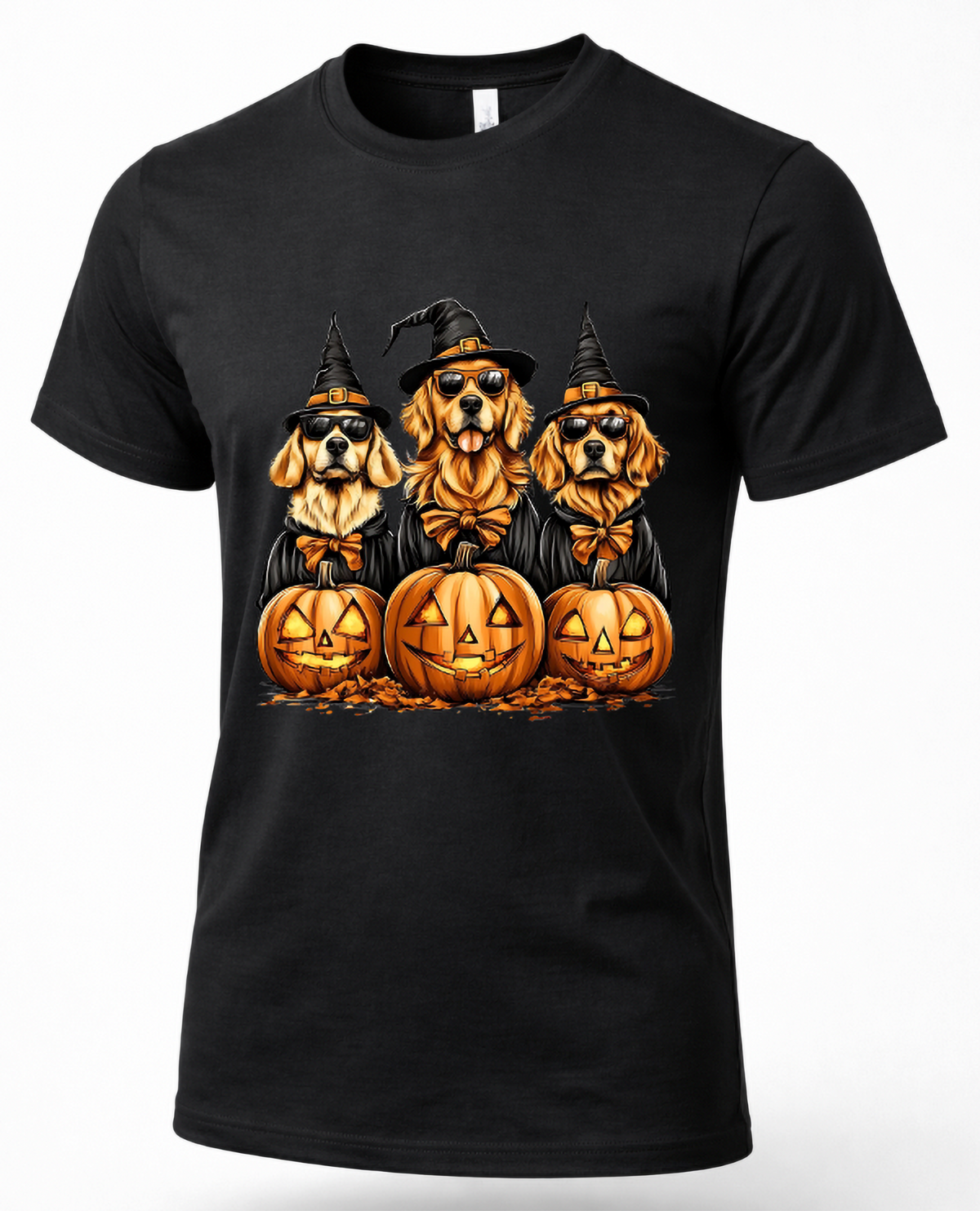 Black Golden Retriever Halloween shirt featuring three dogs in witch hats and sunglasses with glowing jack-o-lanterns