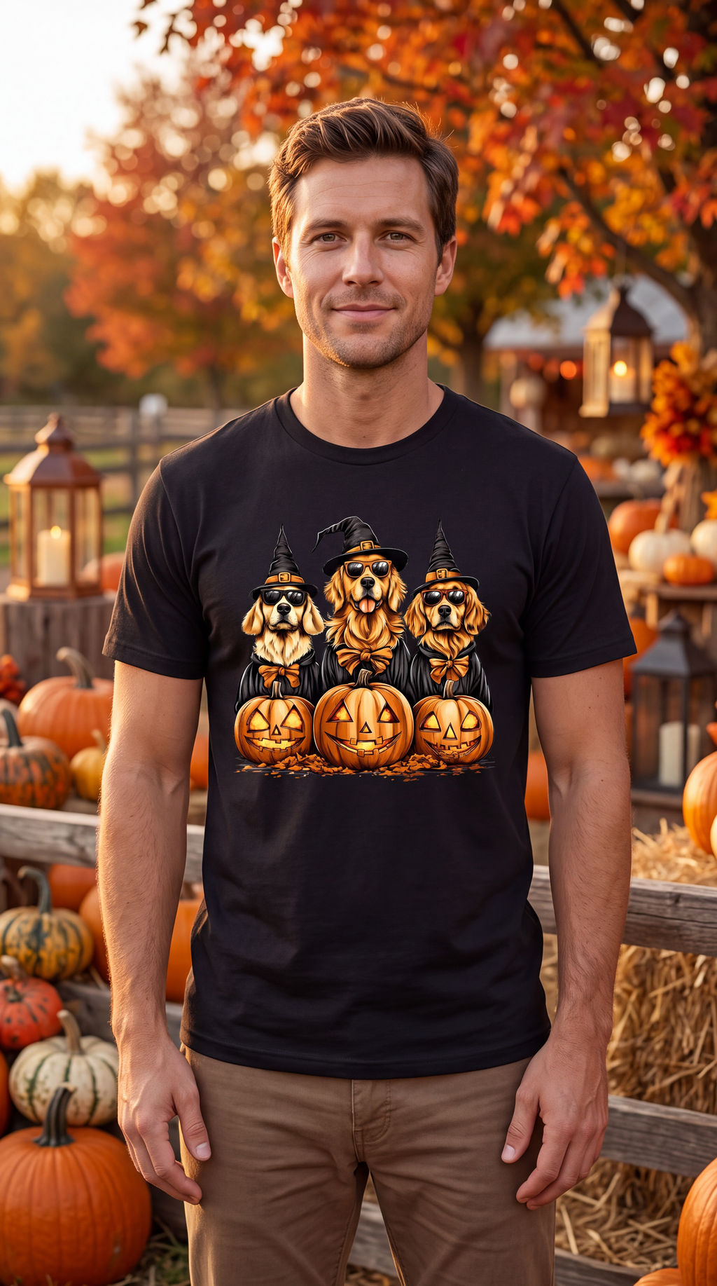 Male model wearing black Golden Retriever Halloween shirt with three witch dogs and jack-o-lantern graphic