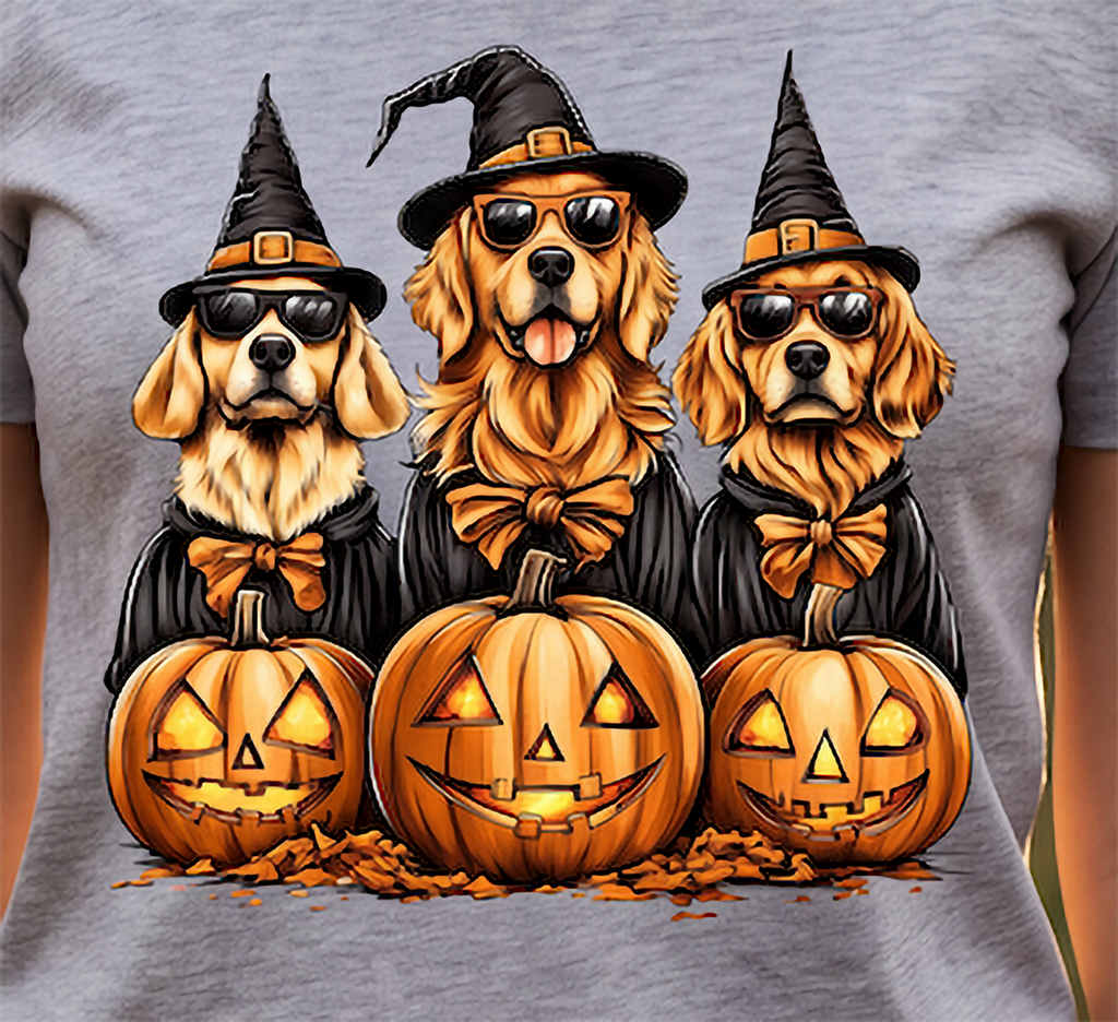 Close-up of Golden Retriever Halloween graphic with three dogs wearing witch hats and sunglasses behind glowing jack-o-lanterns