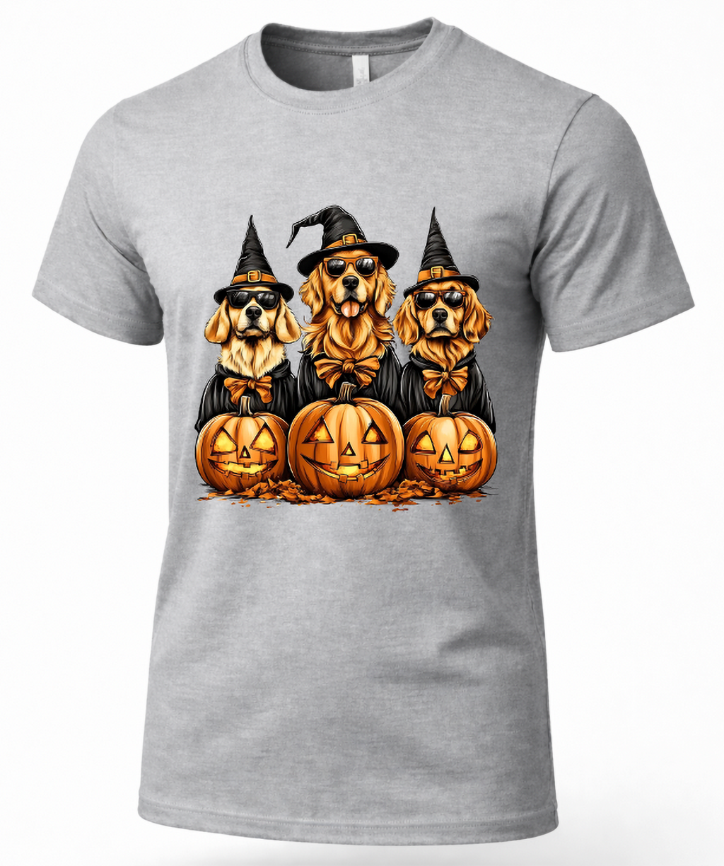 Heather gray Golden Retriever Halloween shirt featuring three dogs in witch hats and sunglasses with jack-o-lantern pumpkins