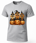 Heather gray Golden Retriever Halloween shirt featuring three dogs in witch hats and sunglasses with jack-o-lantern pumpkins