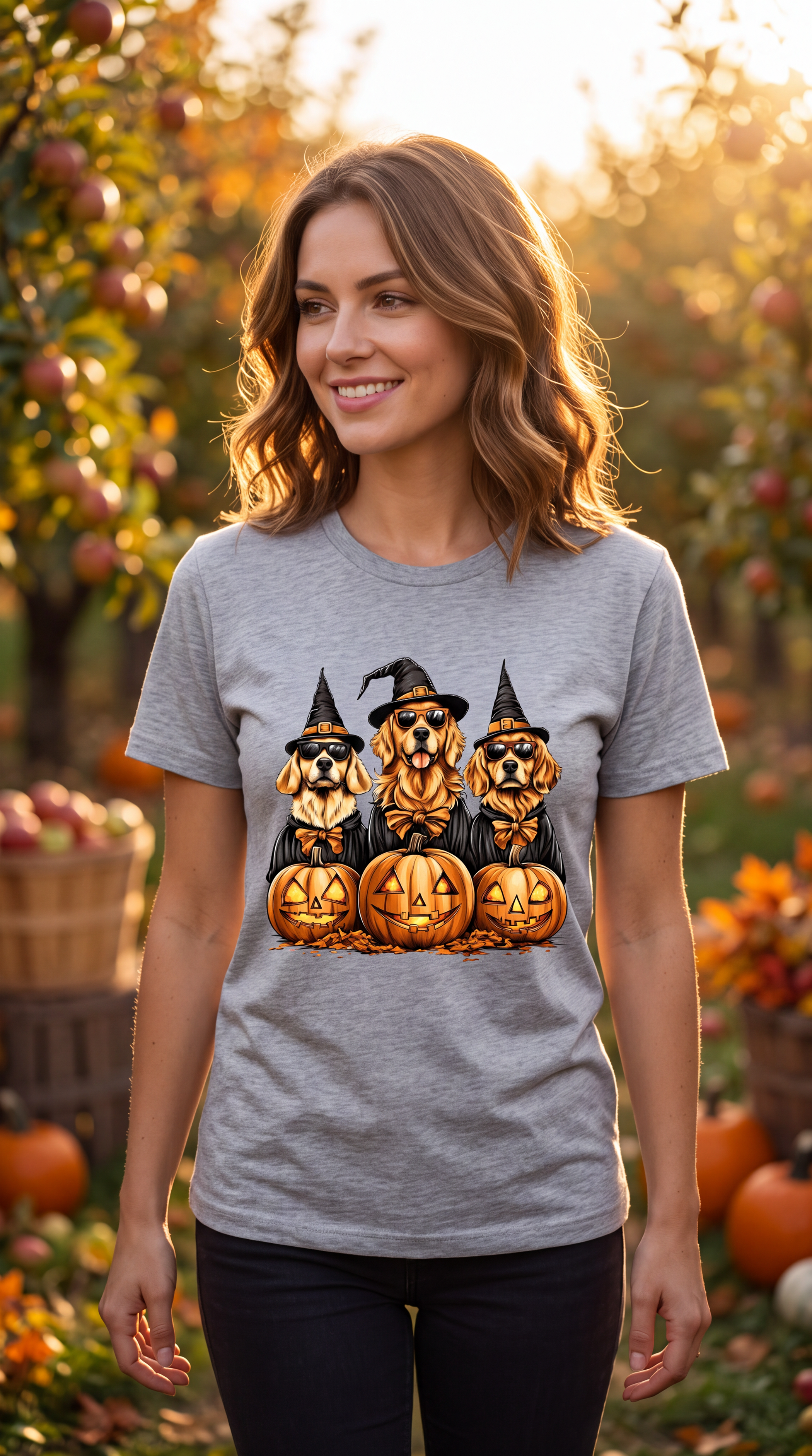 Female model wearing heather gray Golden Retriever Halloween shirt with three witch dogs and jack-o-lanterns