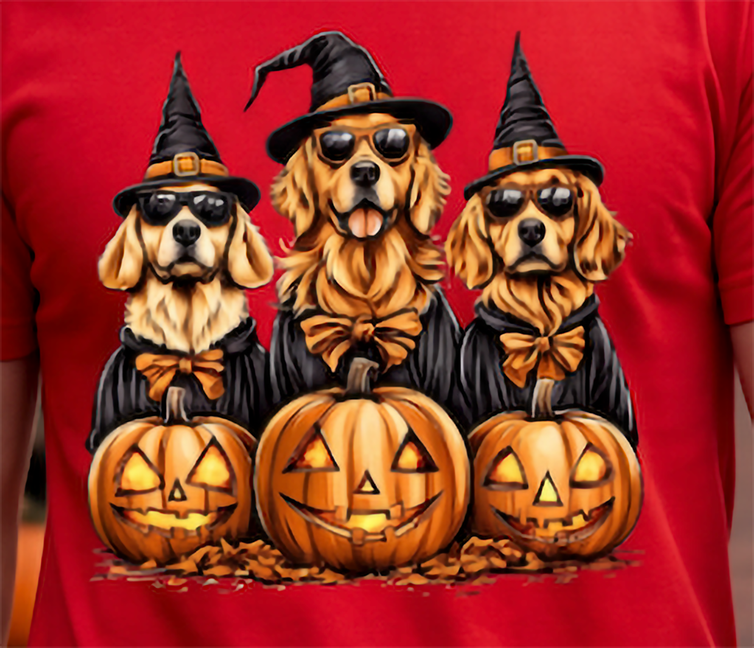 Close-up of Golden Retriever Halloween design on red background with three witch dogs, sunglasses and glowing pumpkins