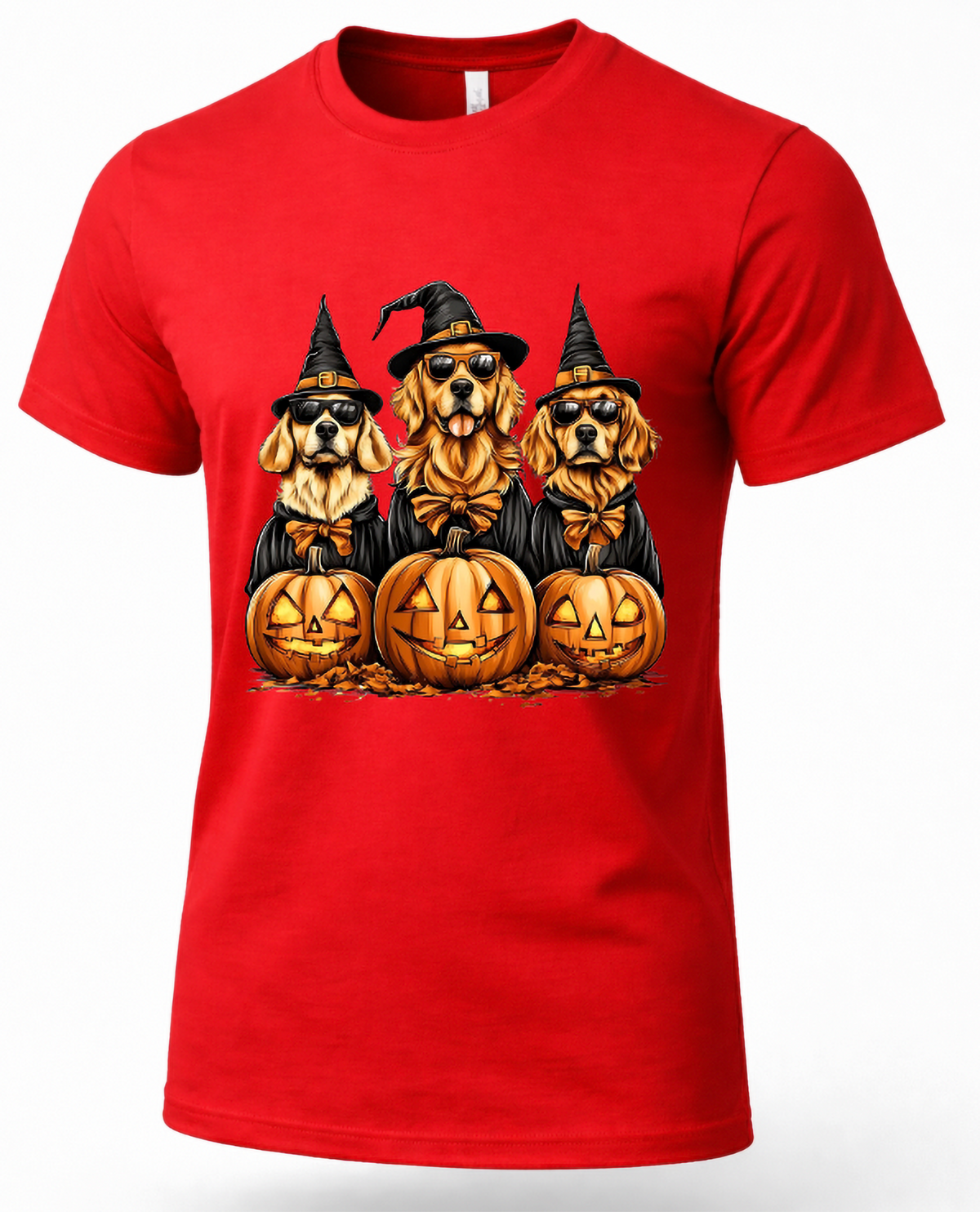 Red Golden Retriever Halloween shirt featuring three dogs in witch hats and sunglasses behind jack-o-lanterns