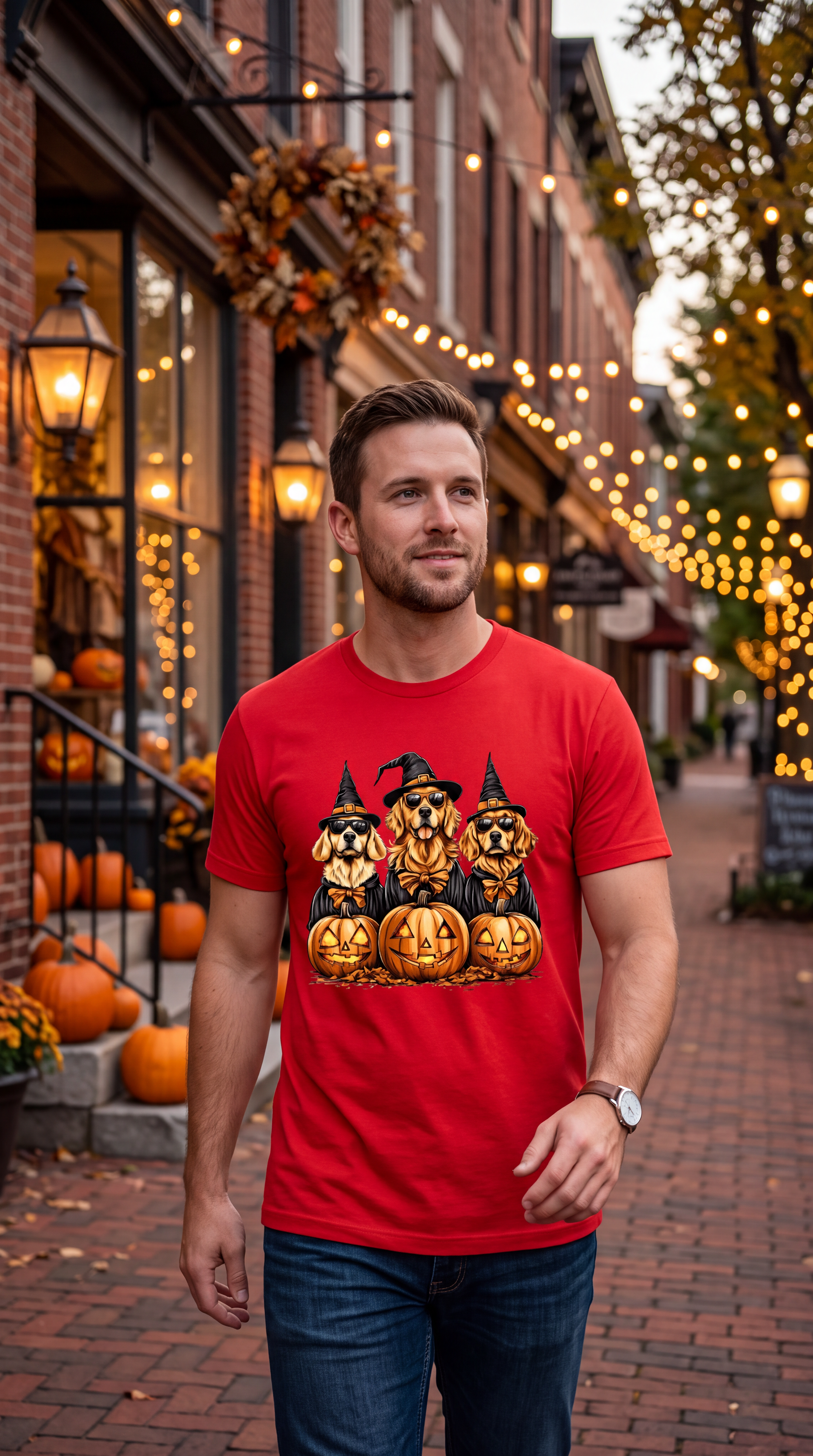 Male model wearing black Golden Retriever Halloween shirt featuring three witch dogs with sunglasses and pumpkins