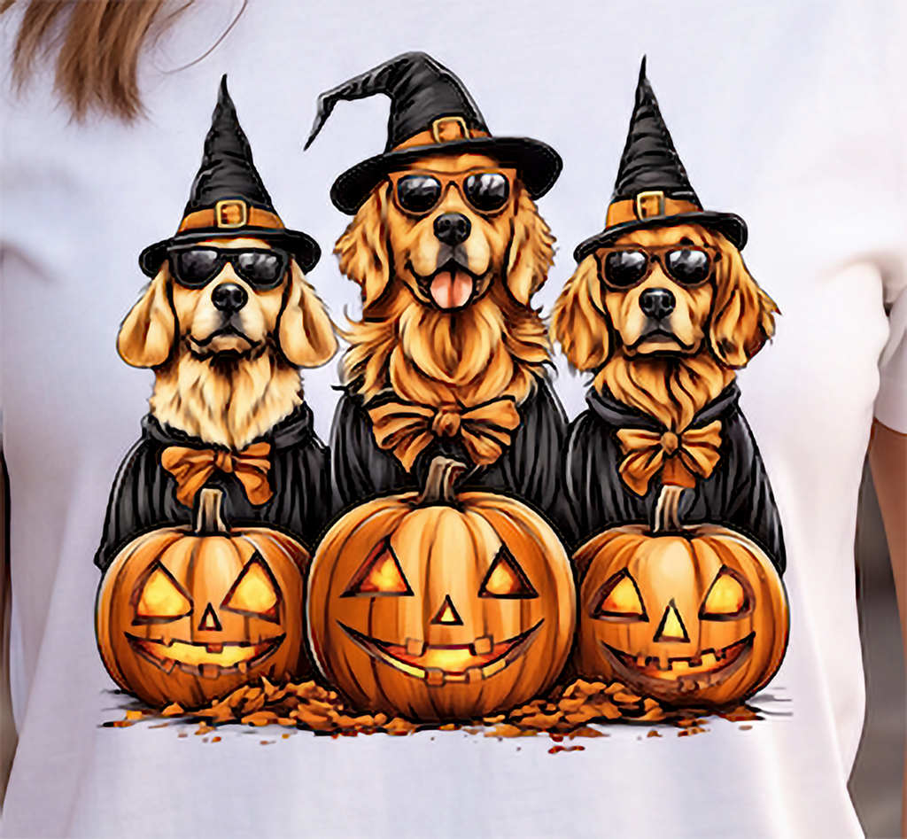 Close-up of Golden Retriever Halloween graphic featuring three costumed dogs with witch hats, sunglasses and jack-o-lanterns