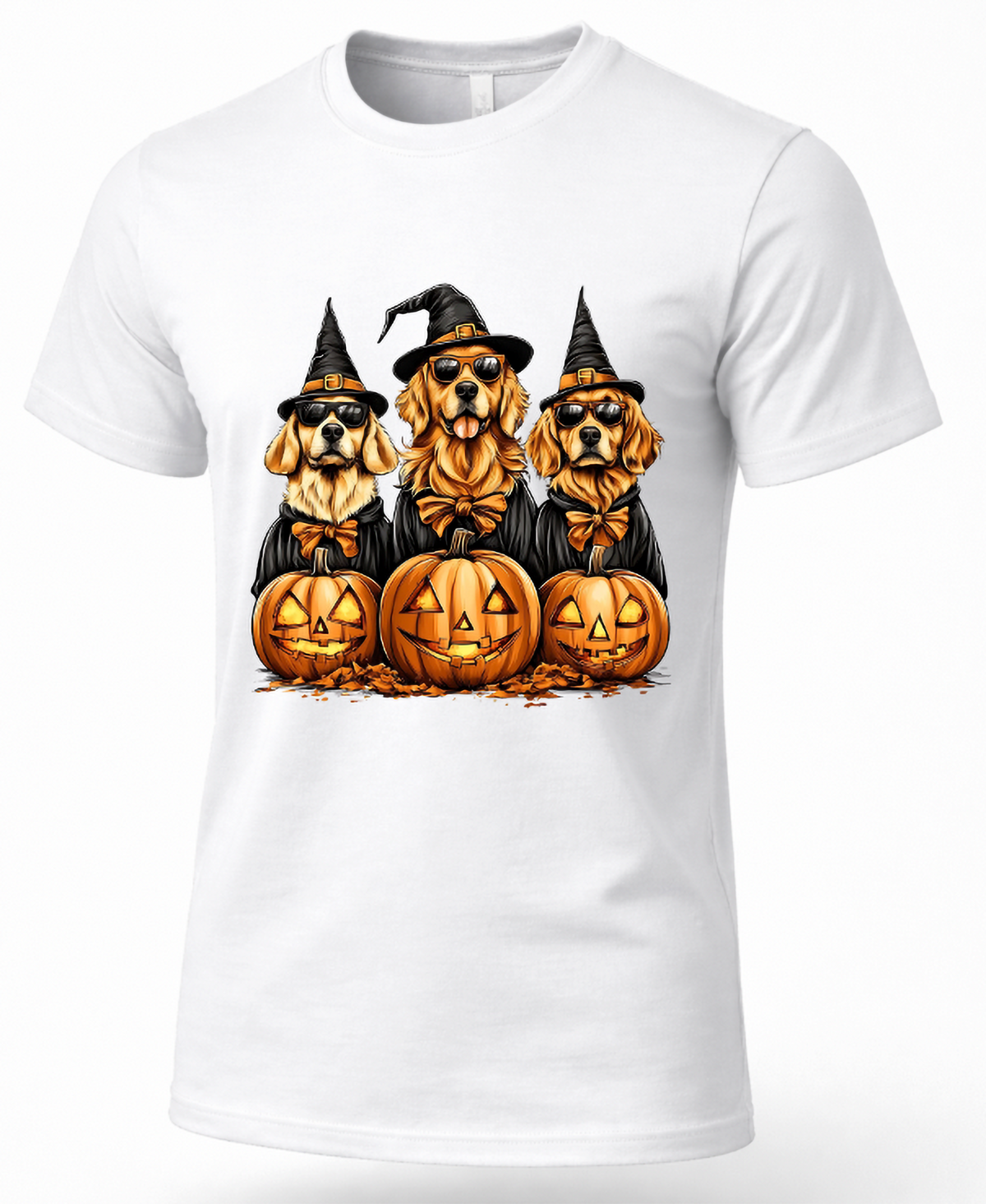 White Golden Retriever Halloween shirt featuring three dogs in witch hats and sunglasses with Halloween pumpkins