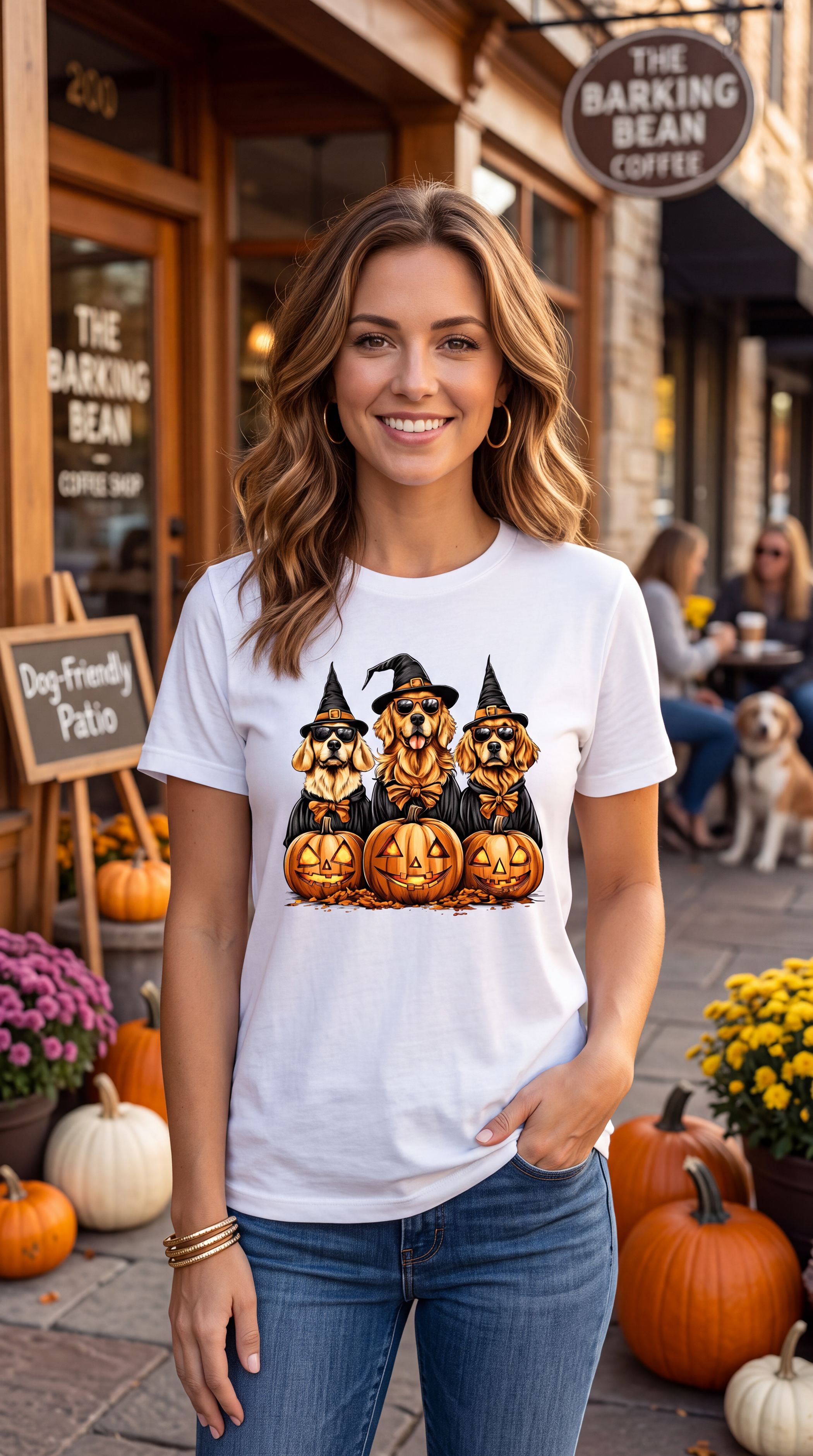 Female model wearing white Golden Retriever Halloween shirt with three witch dogs and jack-o-lanterns