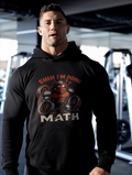 Man wearing black hoodie with funny gym math graphic lifting weights fitness hoodie