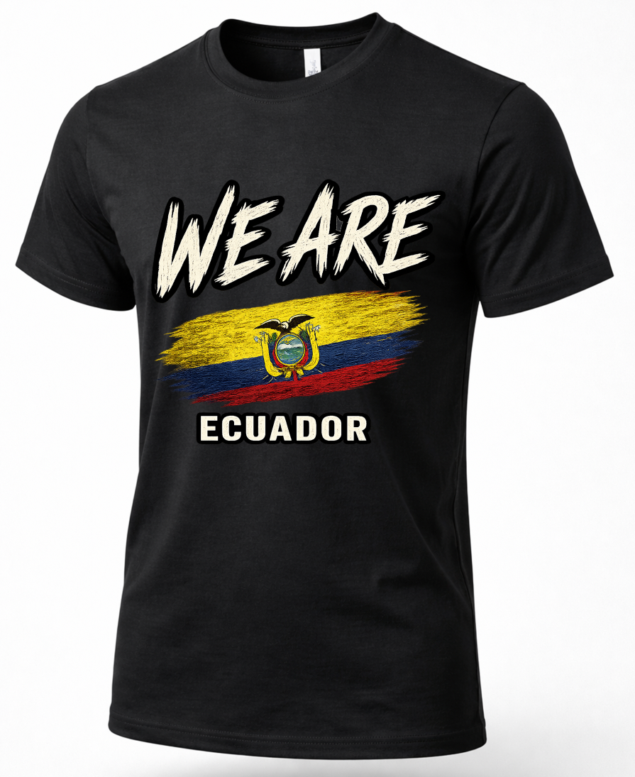 A black short-sleeve crewneck t-shirt featuring a graphic print of the text 'WE ARE' in a black-and-white brush font, above a stylized Ecuador flag with the national coat of arms, and 'ECUADOR' printed below in black.