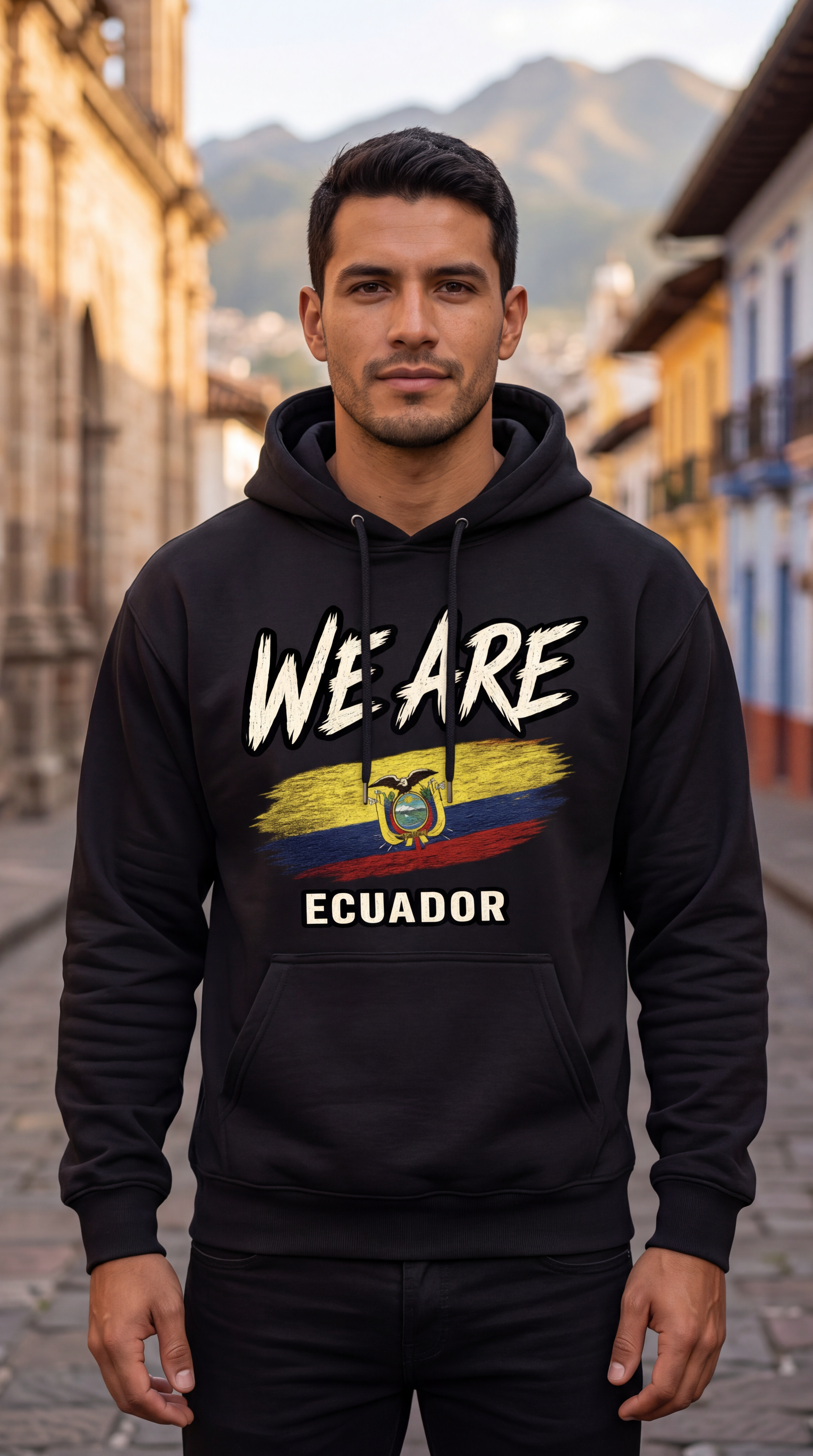 A man wearing a black pullover hoodie with a graphic print that reads 'WE ARE ECUADOR' above and below a stylized Ecuador flag, standing on a cobblestone street with buildings and mountains blurred in the background.
