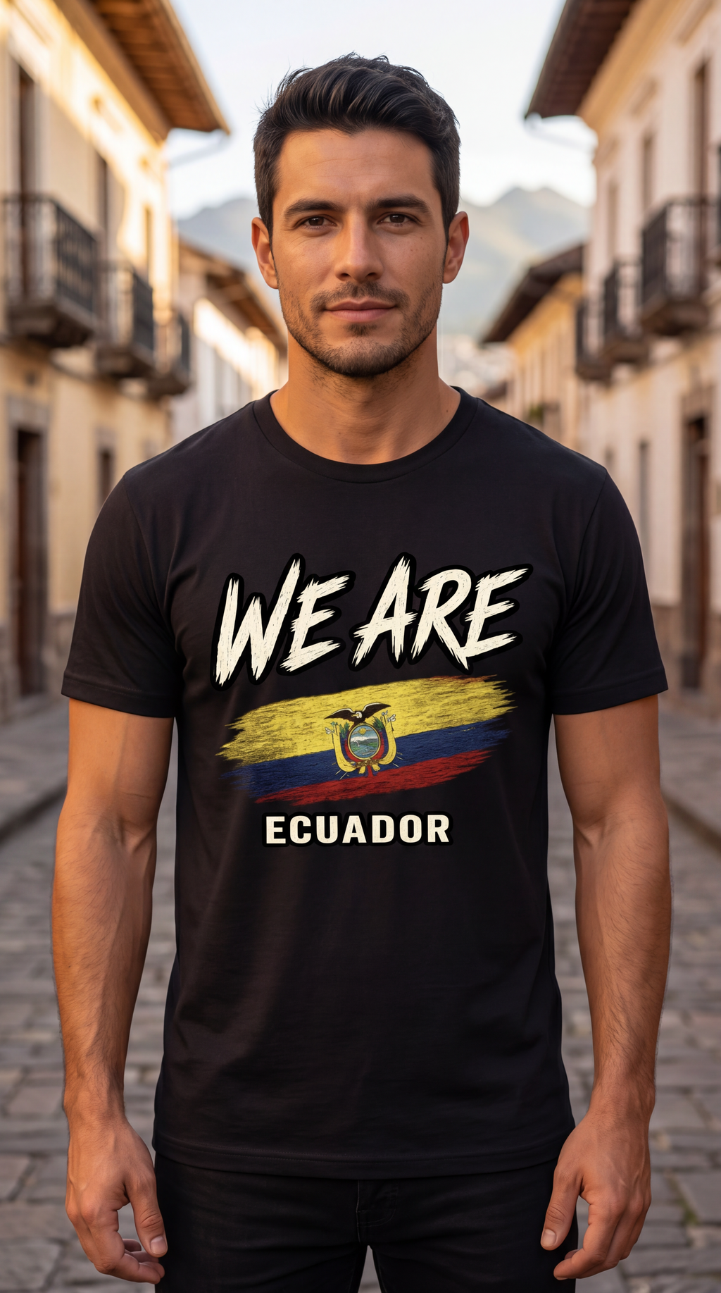 A man wearing a black graphic t-shirt with 'WE ARE' above a stylized Ecuador flag and 'ECUADOR' below, standing on a cobblestone street with blurred buildings in the background.