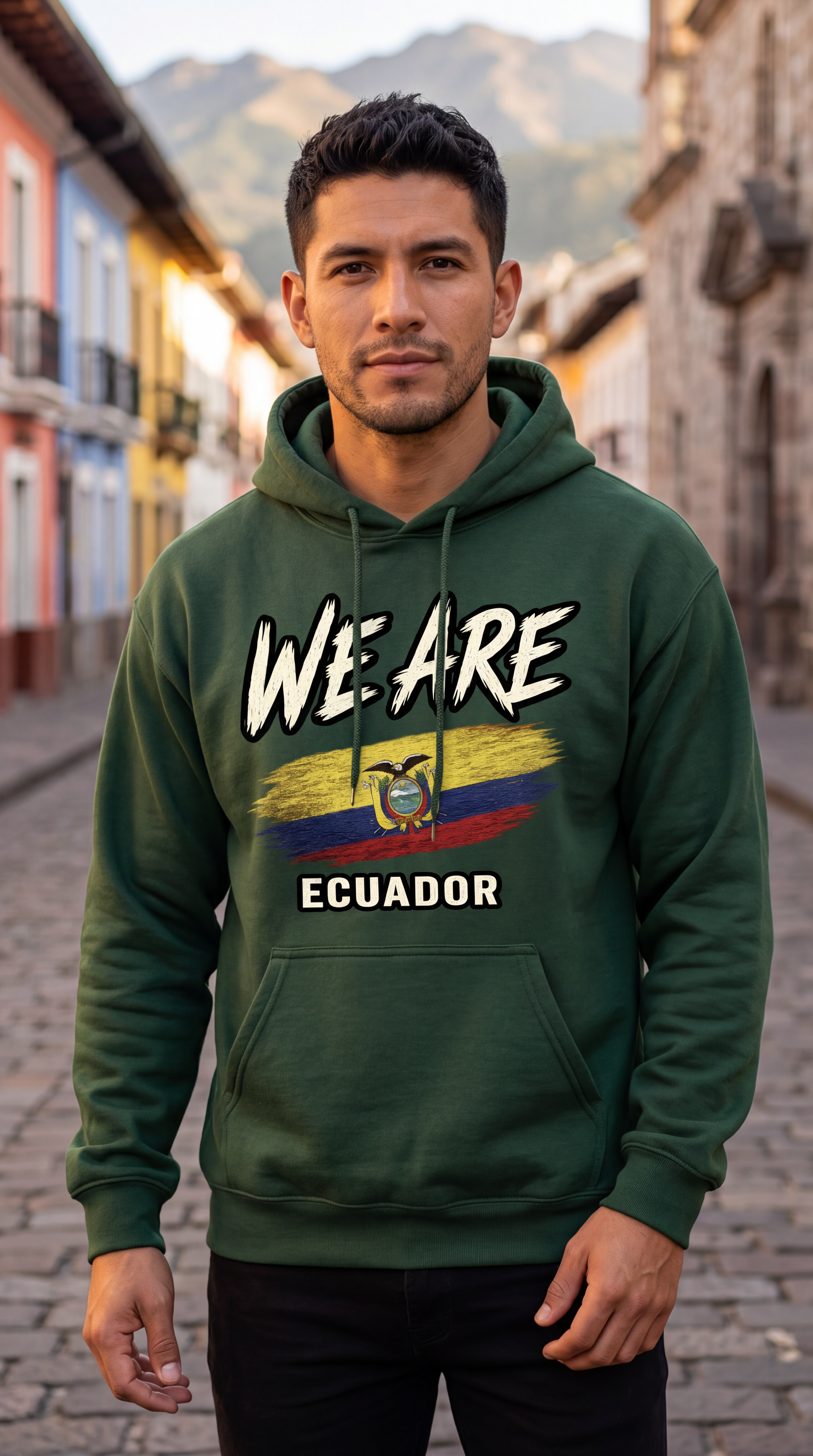 A man wearing a dark green hoodie with a graphic print that reads 'WE ARE ECUADOR' over the Ecuadorian flag, standing on a cobblestone street with buildings and mountains in the background.