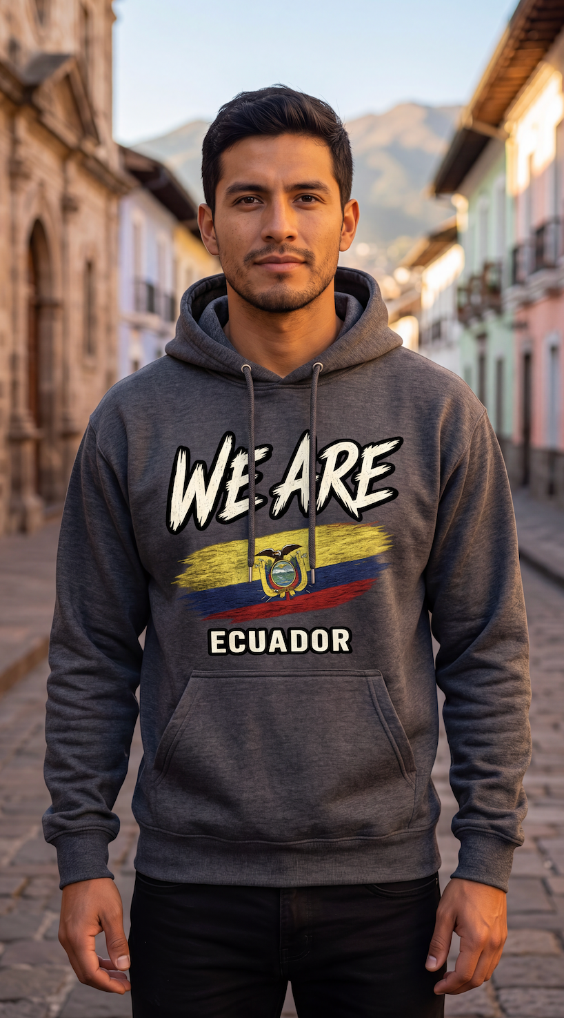A man wearing a gray hoodie with a graphic print that reads 'WE ARE ECUADOR' and features the Ecuador flag, standing in a colorful street with mountains in the background.