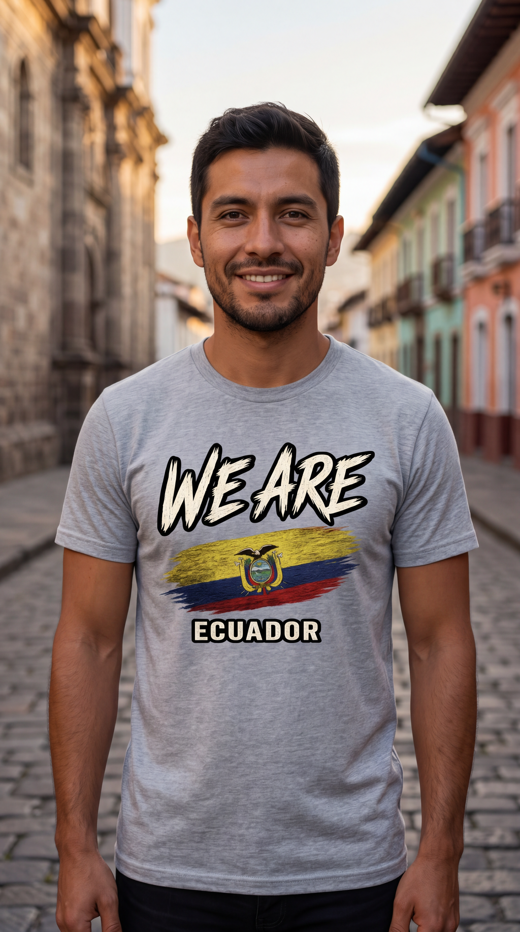 A smiling man wearing a light gray t-shirt with a graphic print that reads 'WE ARE ECUADOR' above and below a stylized Ecuador flag, standing on a cobblestone street.