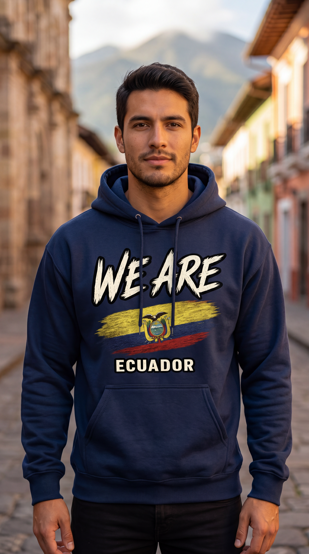 A man wearing a navy blue hoodie with a graphic print that reads 'WE ARE ECUADOR' and features the Ecuadorian flag colors, standing on a cobblestone street with blurred buildings and mountains in the background.
