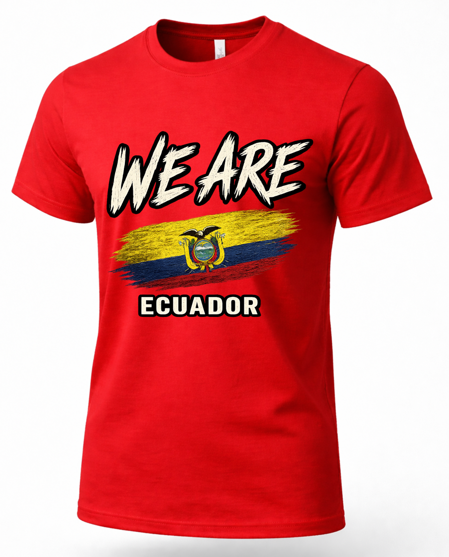 A red short-sleeve crewneck t-shirt featuring a graphic print of the Ecuador flag with the text 'WE ARE' above and 'ECUADOR' below in a bold, white-outlined font.