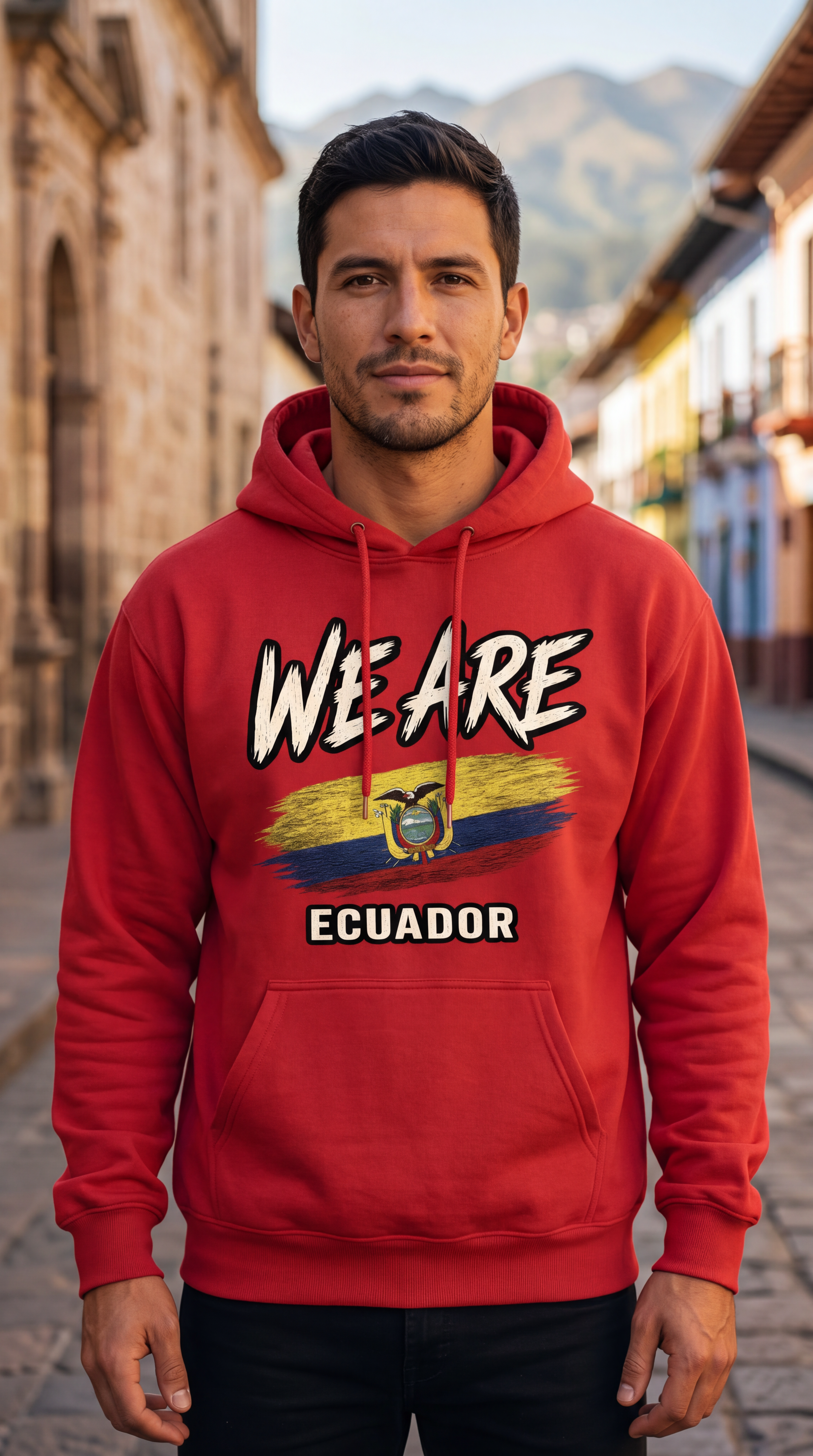 A man wearing a red hoodie with a graphic print that reads 'WE ARE ECUADOR' and features the Ecuador flag, standing in a colorful street with mountains in the background.