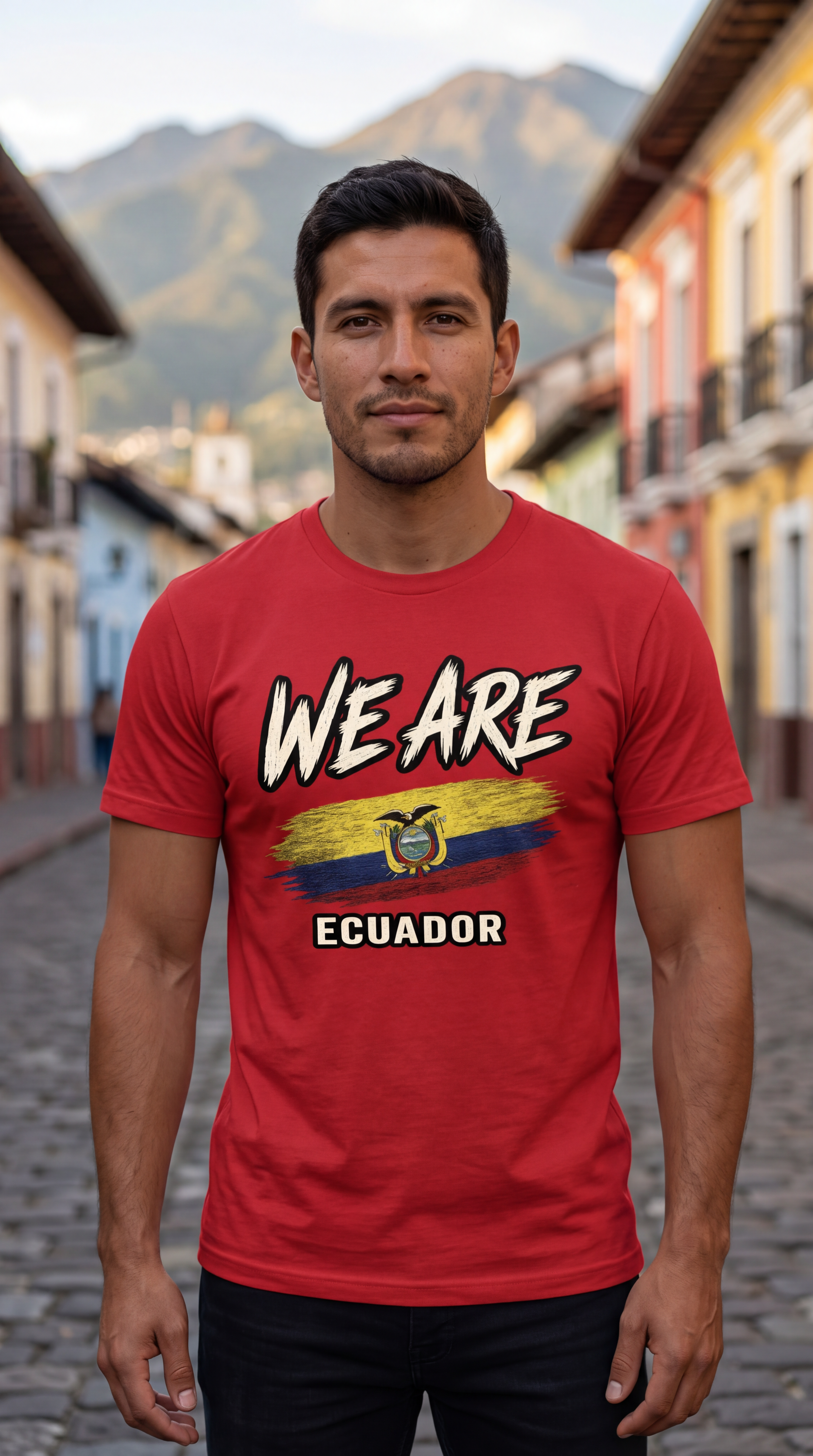 A man standing on a cobblestone street wearing a red graphic t-shirt with 'WE ARE' above a stylized Ecuador flag and 'ECUADOR' below.