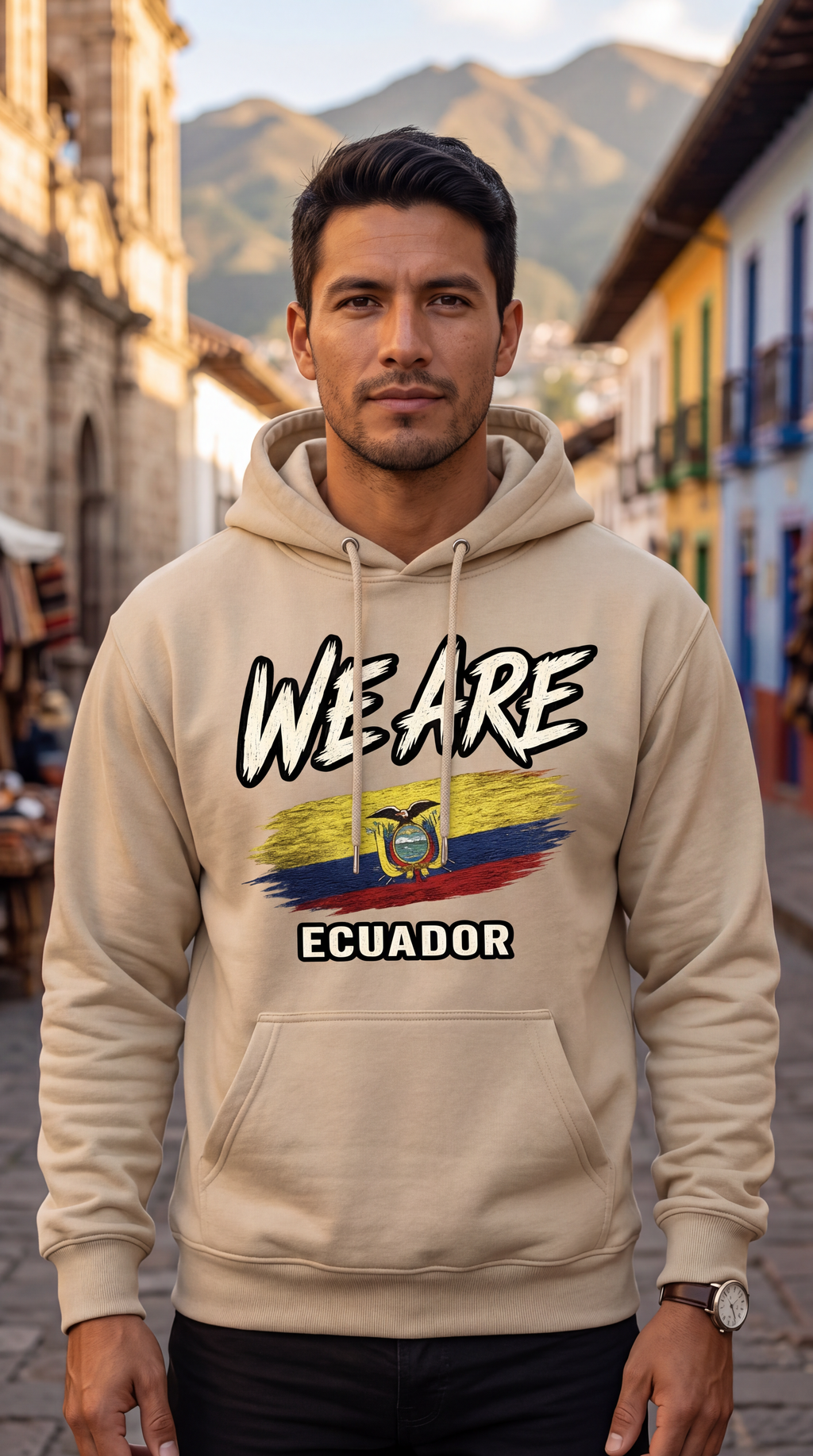 A man wearing a beige hoodie with a graphic print that reads 'WE ARE ECUADOR' and features the Ecuador flag, standing in a colorful street with mountains in the background.
