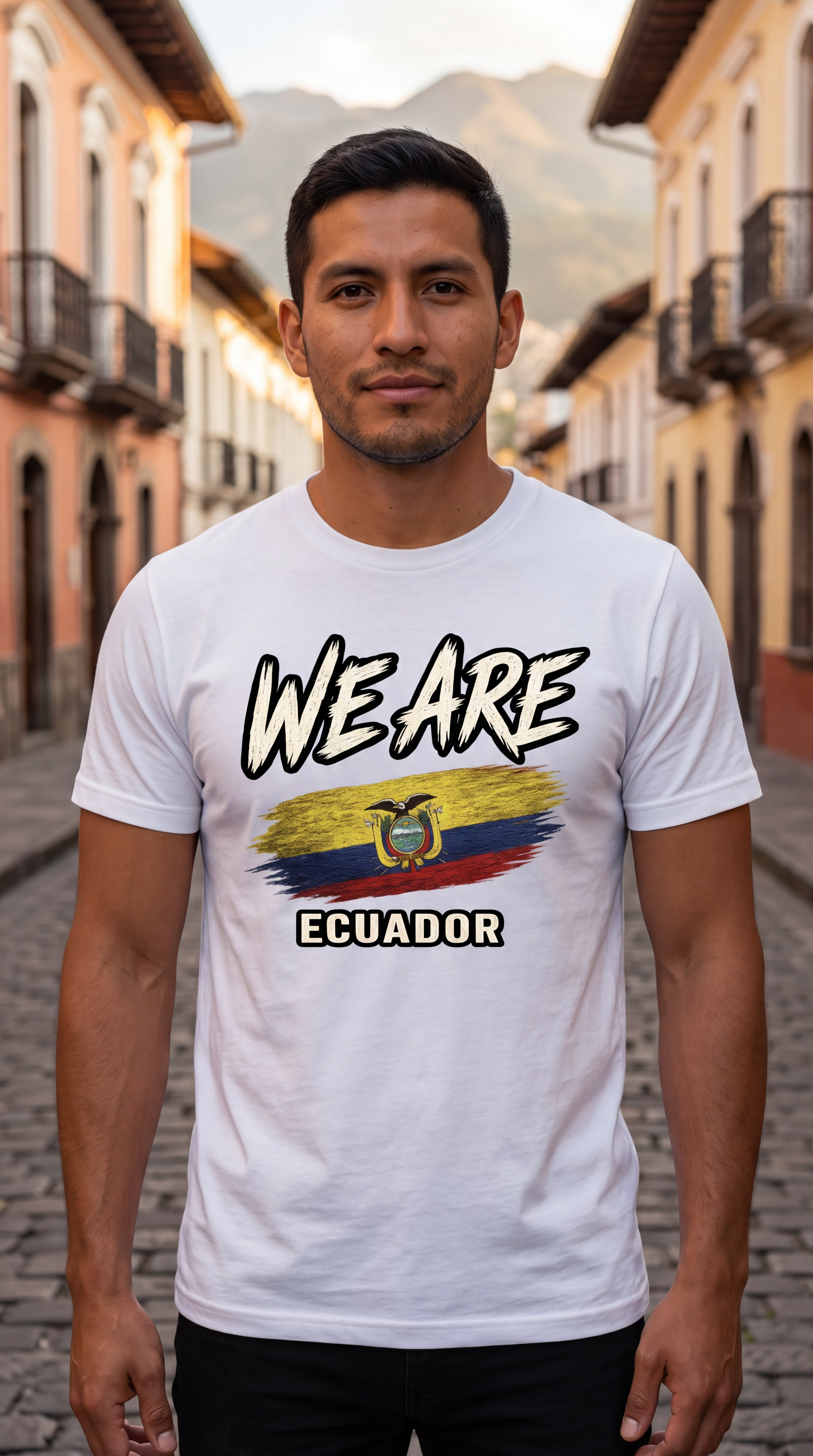 A man standing on a cobblestone street wearing a white graphic t-shirt with 'WE ARE' above a stylized Ecuador flag and 'ECUADOR' below.