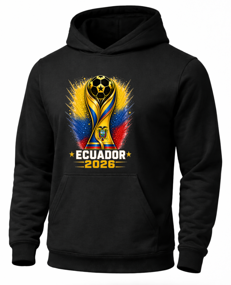 Black hoodie with Ecuador 2026 World Cup trophy design on a white background