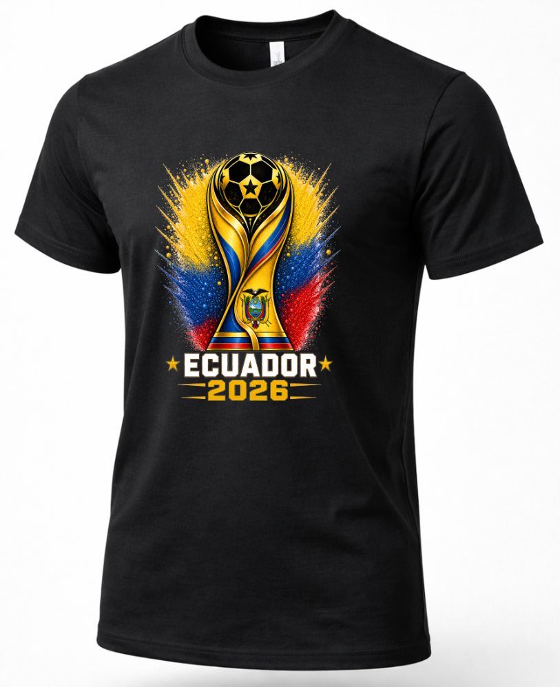 Black t-shirt with Ecuador 2026 design featuring a soccer trophy on a white background
