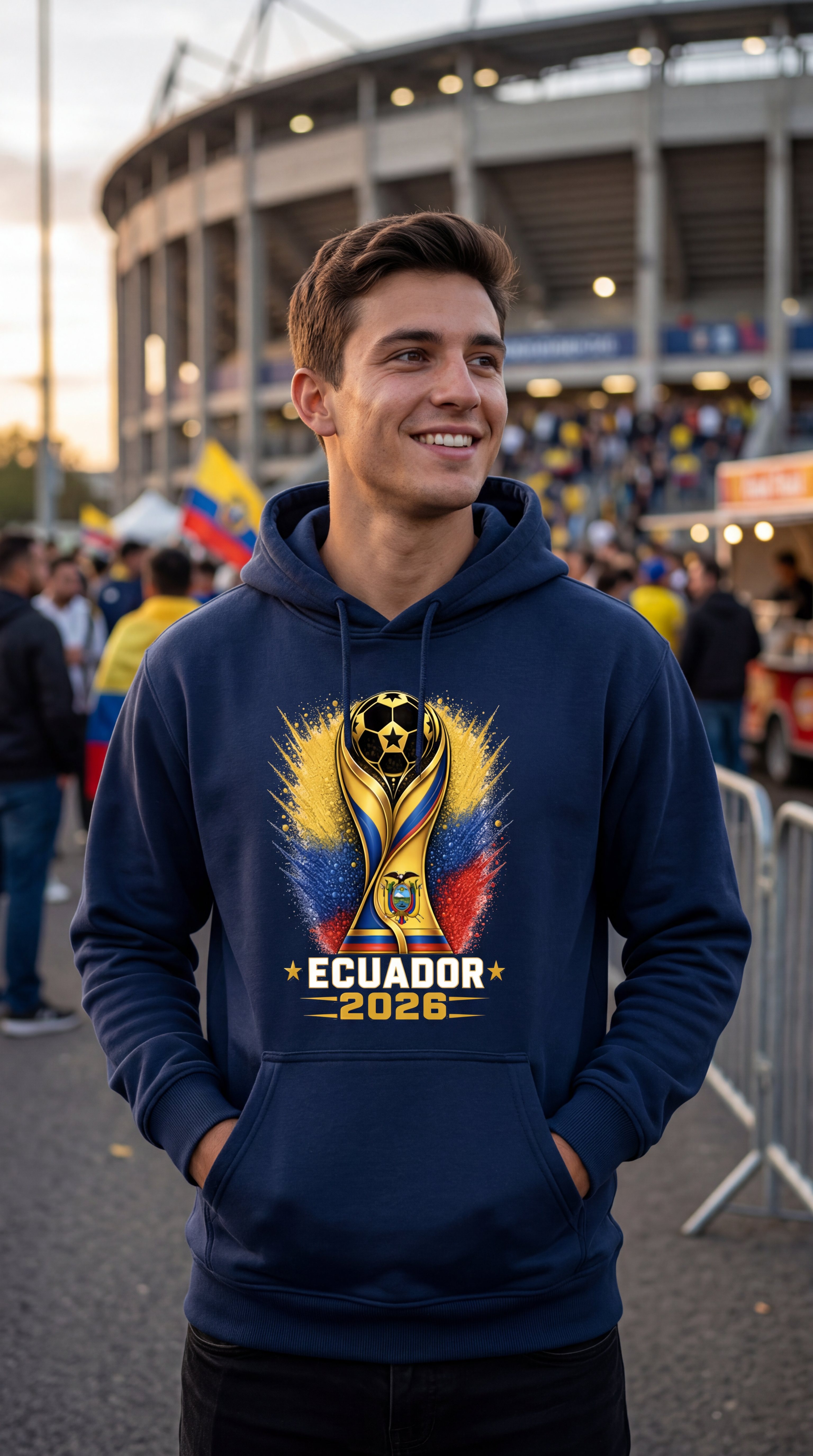 Man wearing a navy hoodie with a Scotland 2026 design in an outdoor setting.