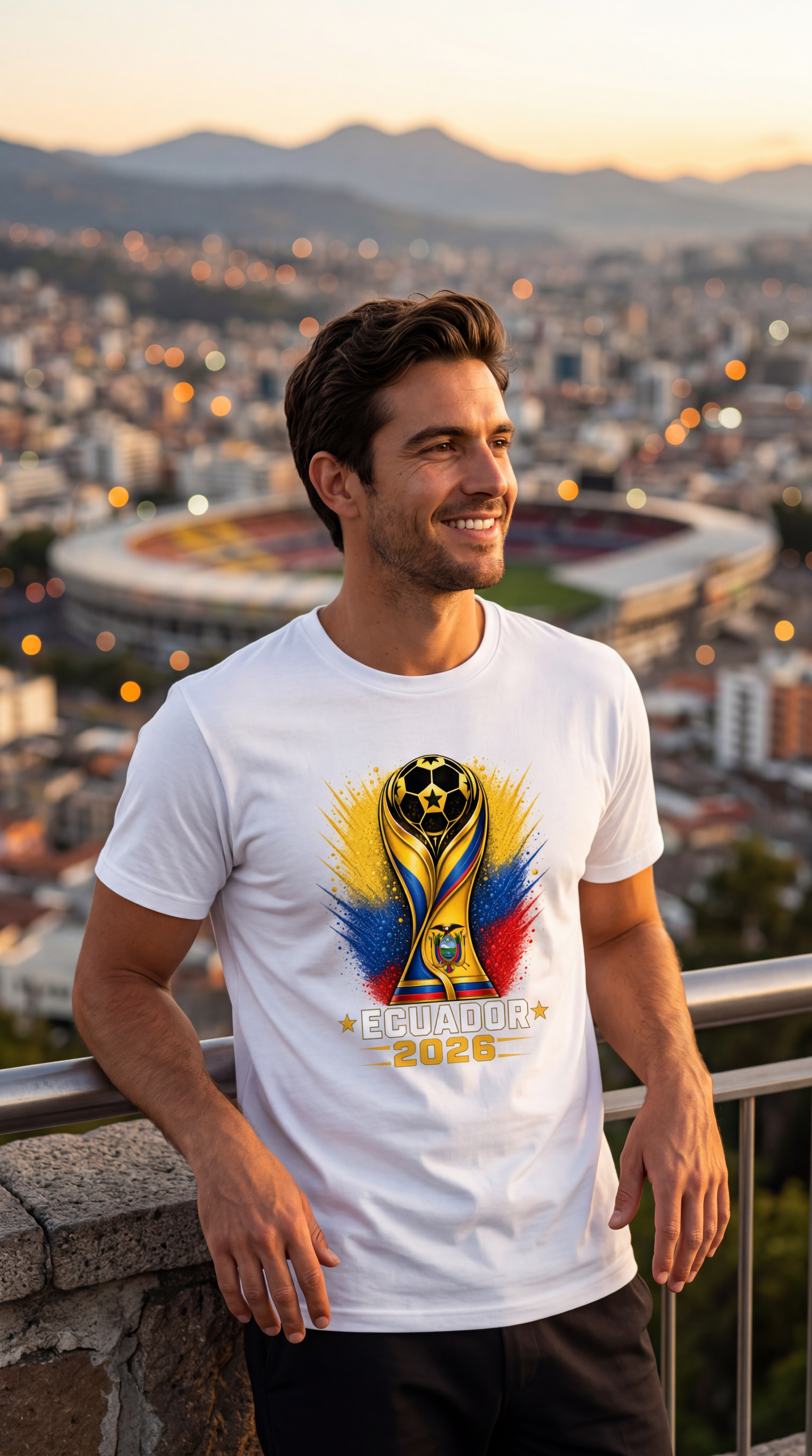 Man wearing a white t-shirt with a Scotland design on a city street.