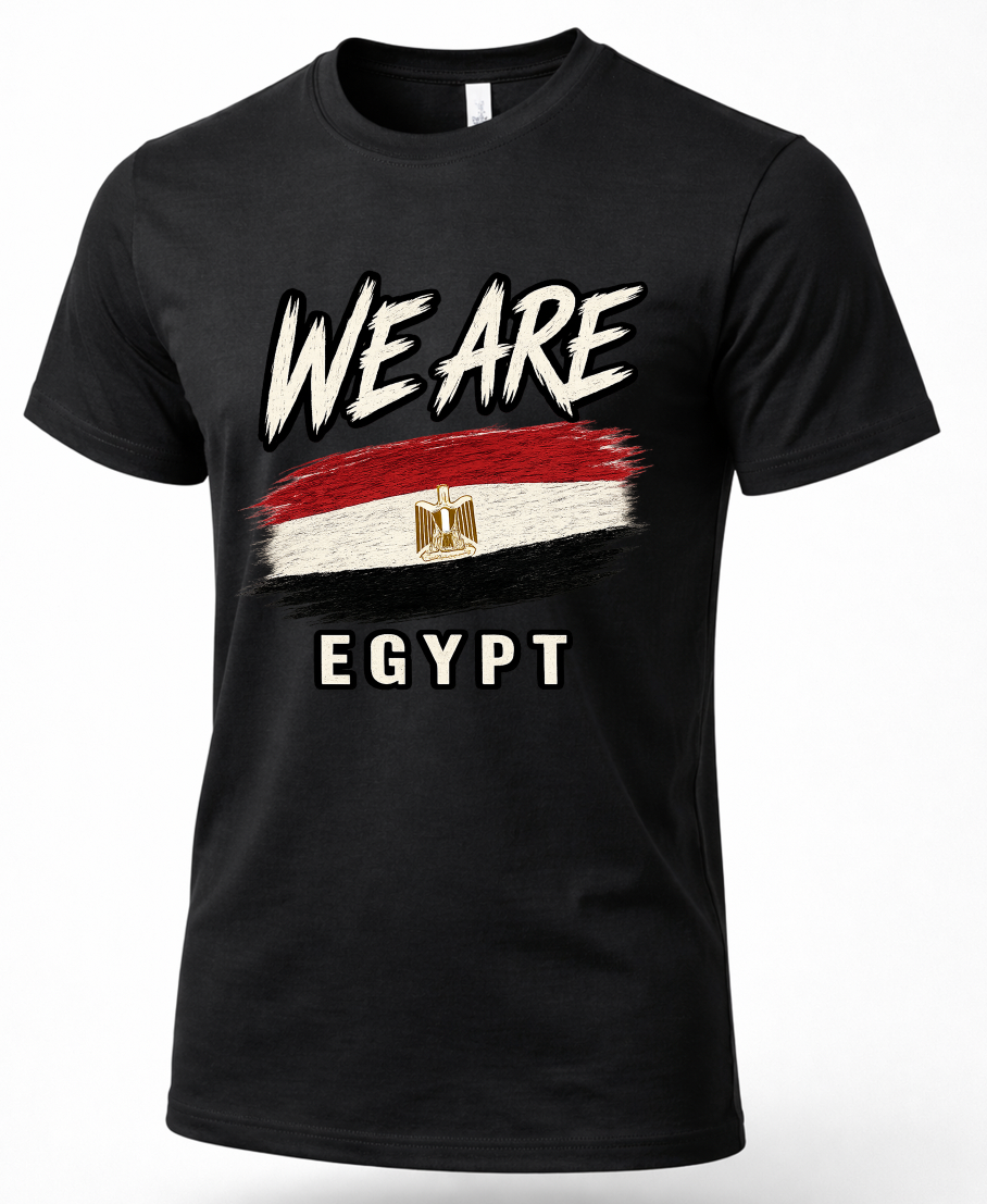 A black short-sleeve crewneck t-shirt featuring a distressed graphic print of the Egyptian flag with the text 'WE ARE' above and 'EGYPT' below, displayed on a clean white background.