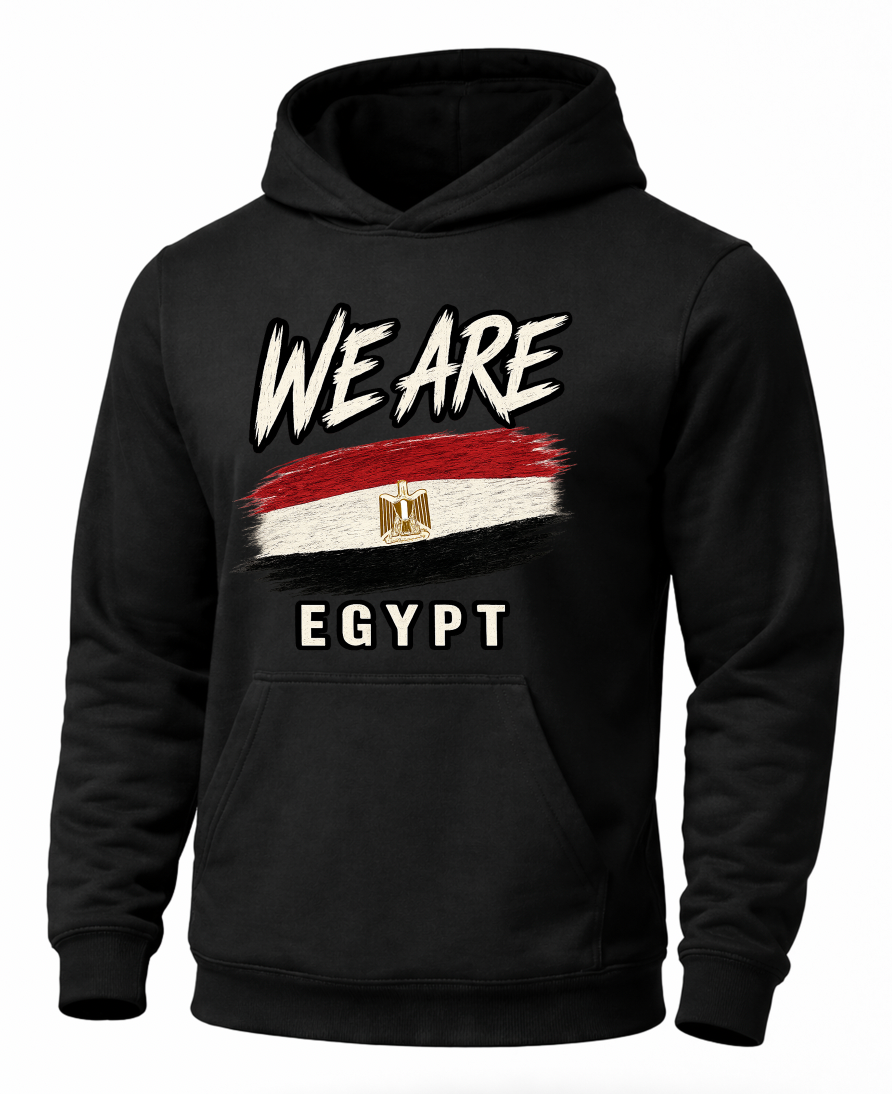 A black pullover hoodie featuring a distressed graphic print on the front with the text 'WE ARE EGYPT' and the Egyptian flag.