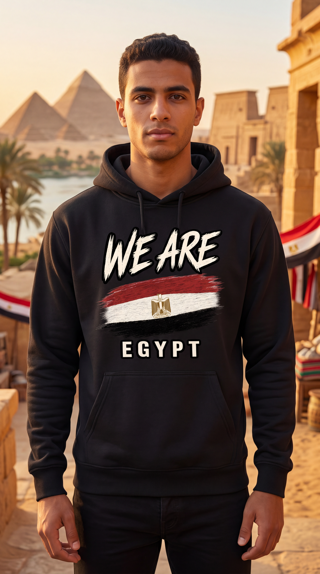 A man wearing a black hoodie with a graphic print that reads 'WE ARE EGYPT' and features the Egyptian flag design, standing in front of the Giza pyramids.