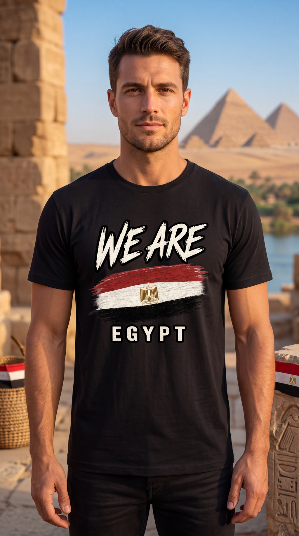 A man wearing a black graphic t-shirt with 'WE ARE EGYPT' and the Egyptian flag design, standing in front of the pyramids of Giza.
