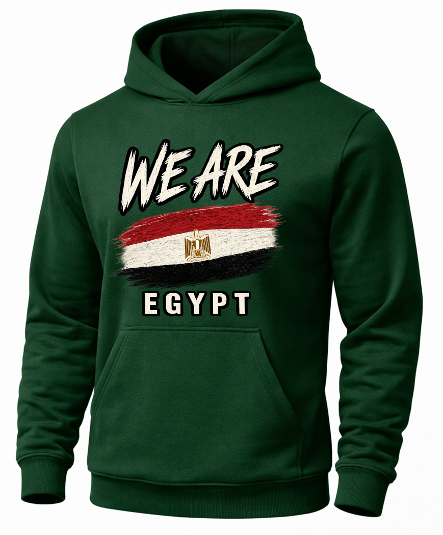 A dark green pullover hoodie featuring a front graphic with the text 'WE ARE' above a stylized Egyptian flag and 'EGYPT' below, shown on a plain white background.
