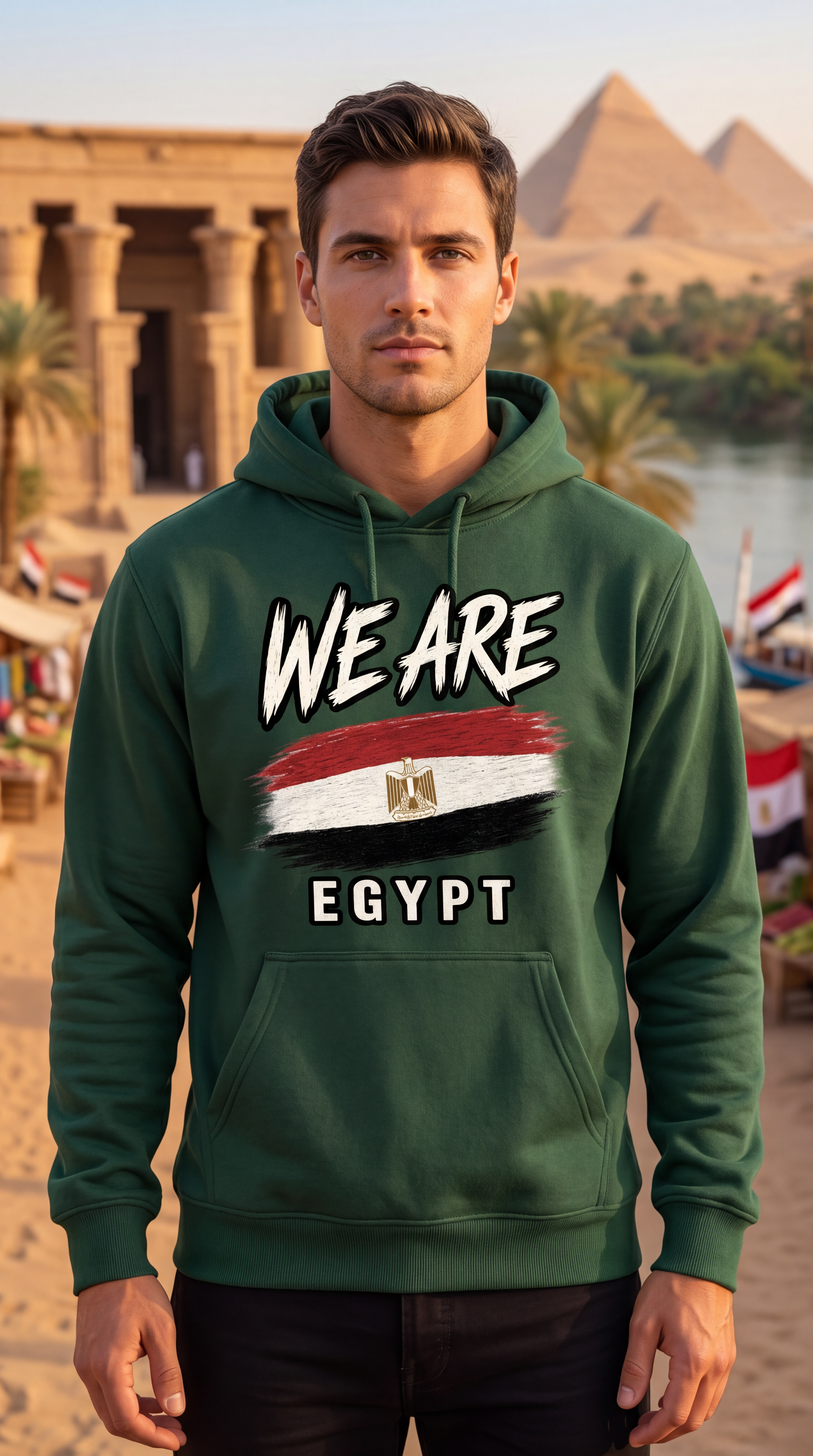 A man wearing a dark green hoodie with a graphic print of the Egyptian flag and the text 'WE ARE EGYPT' stands in front of a scenic background of the Egyptian pyramids and riverbank.